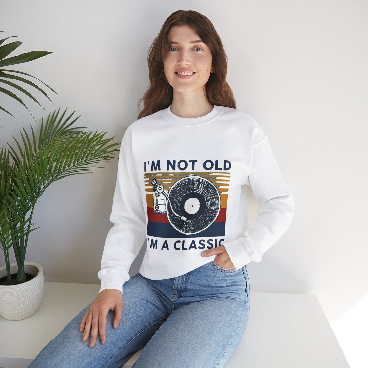 Unisex crewneck sweatshirt with "I'm Not Old I'm a Classic" vintage design, casual wear.