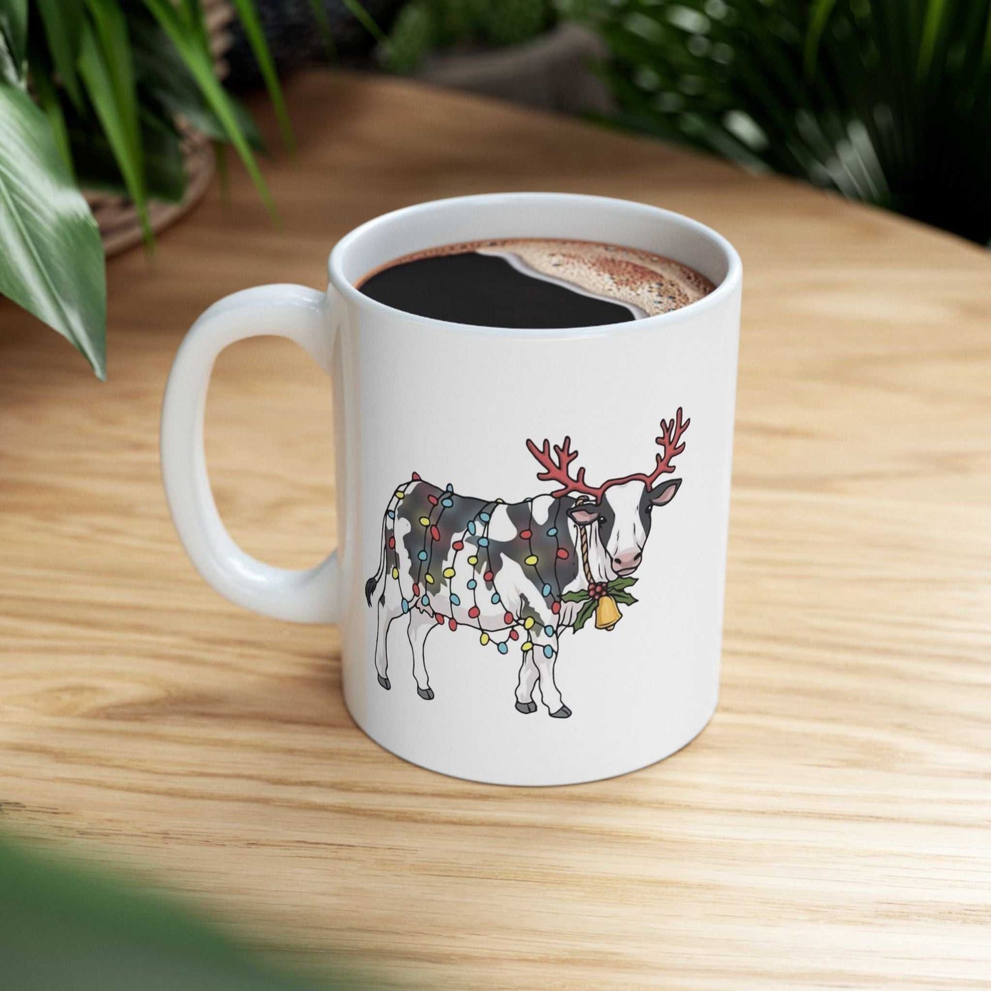 Cute Cow Christmas Lights Mugs, Cow Animal Lover Gift