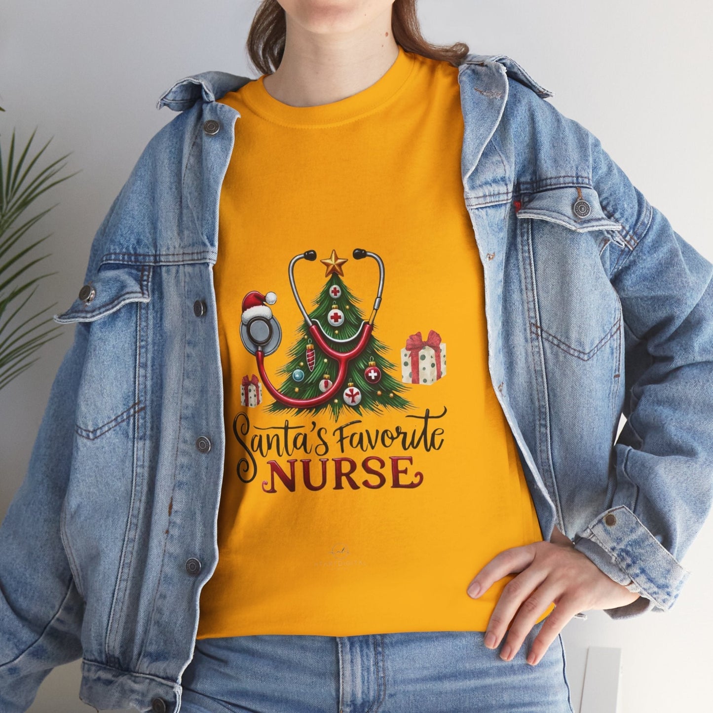 Santas Favorite Nurse Shirt with Christmas tree and stethoscope design, perfect holiday gift for nurses.