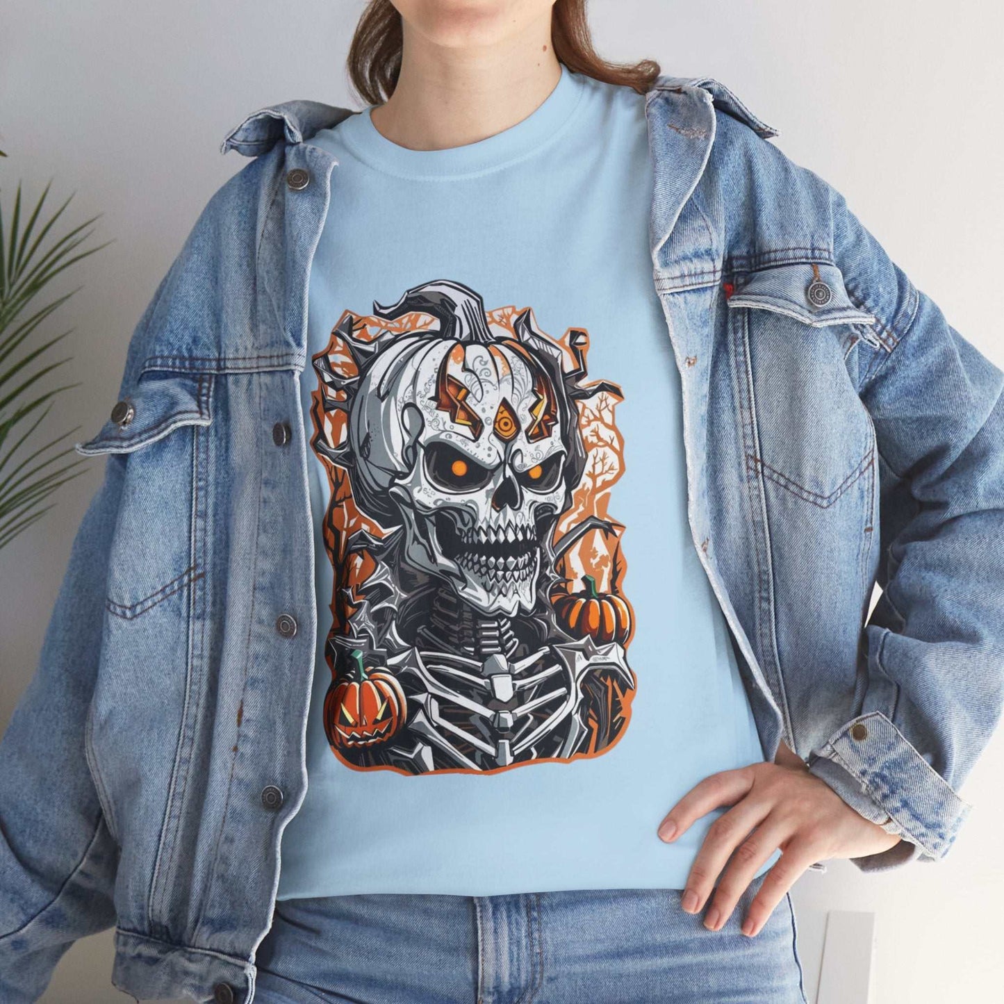 Halloween skeleton shirt with skull and pumpkin design, perfect for spooky festivities.
