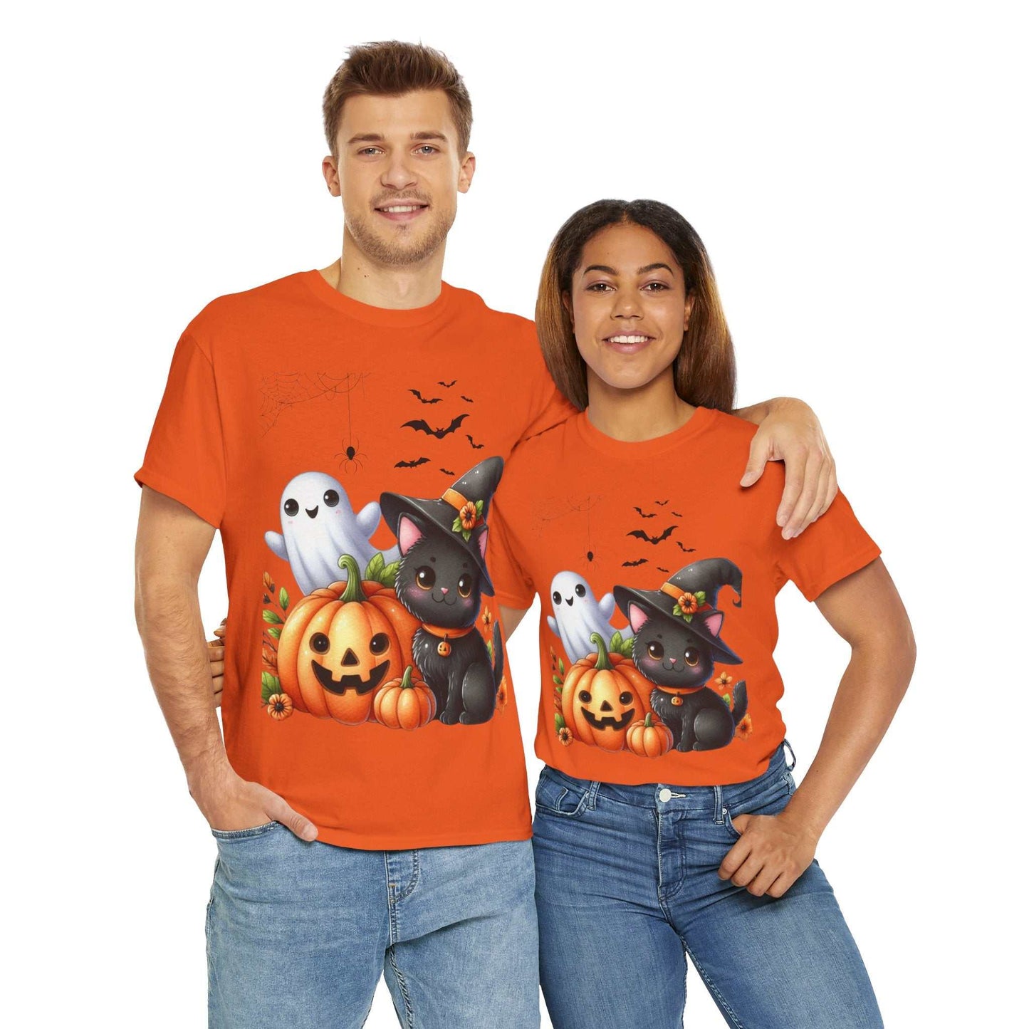 Halloween Cat Kids Shirt with ghost and pumpkin design, perfect autumn gift.