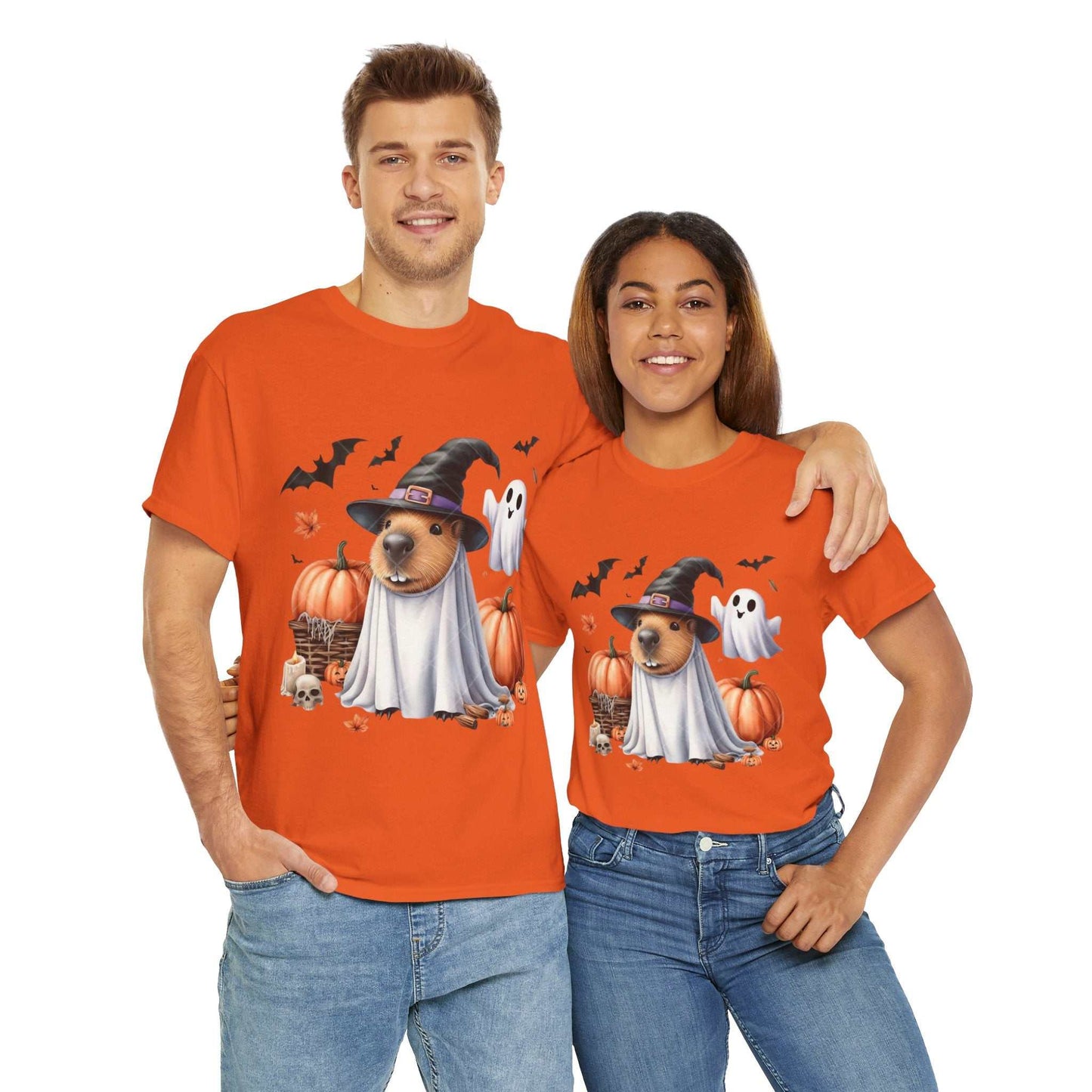 Unisex Halloween Capybara Shirt with spooky design featuring capybaras, pumpkins, and ghosts.