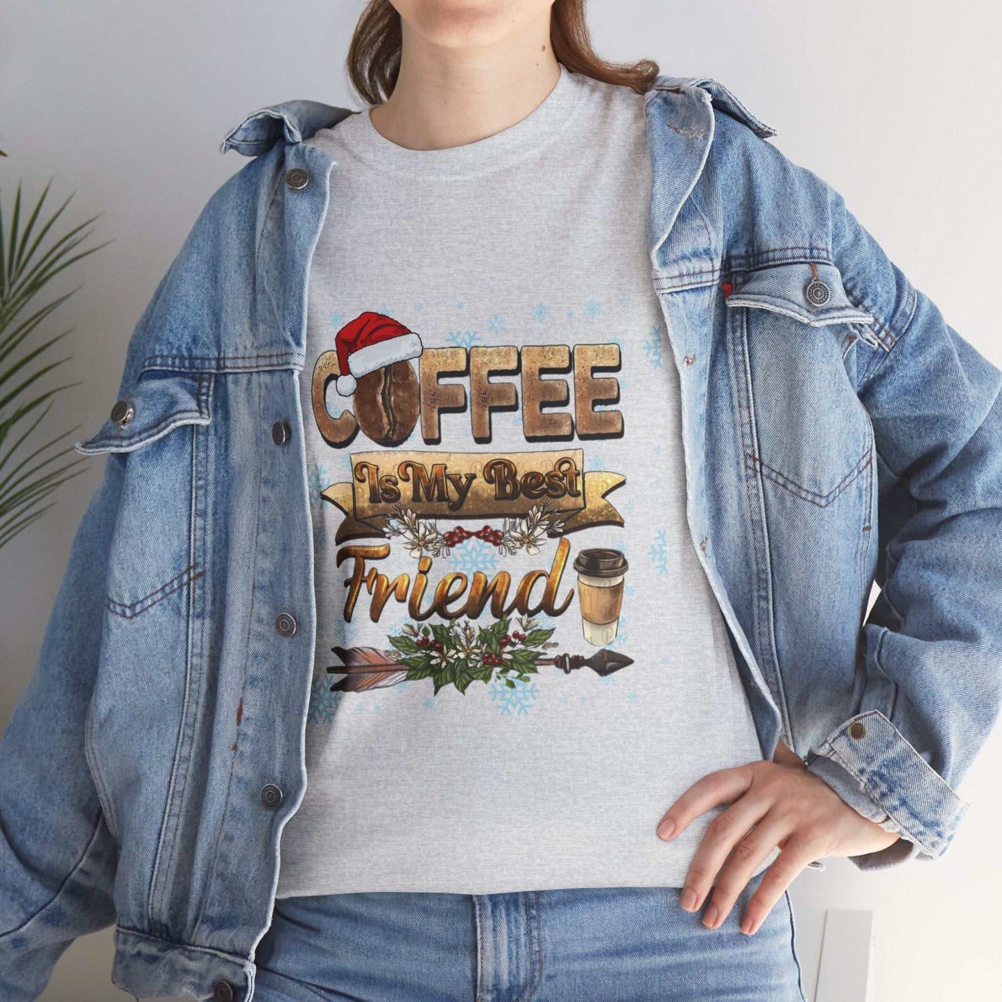 Christmas coffee-themed t-shirt with festive design, perfect gift for coffee lovers.