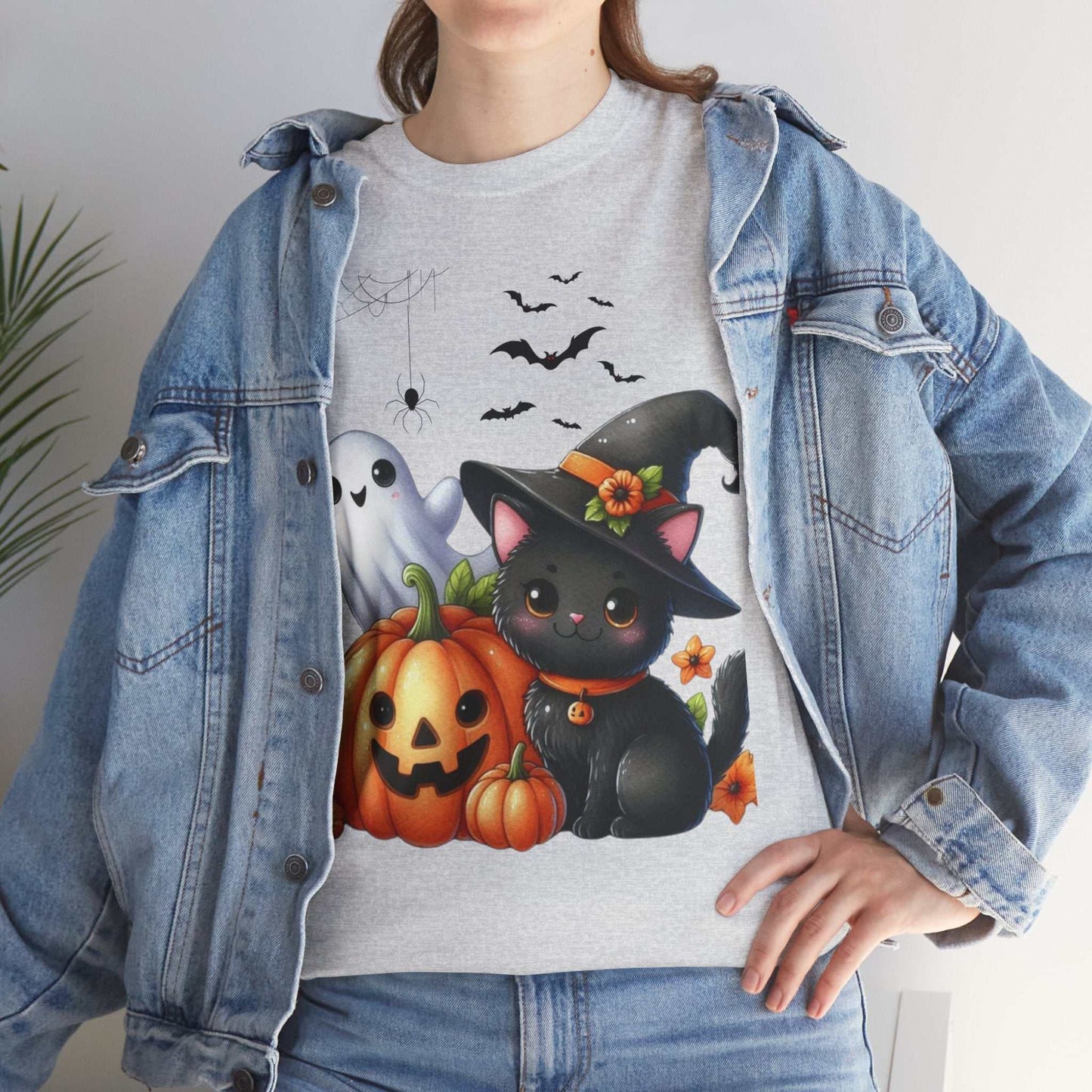 Halloween Cat Kids Shirt with ghost, pumpkin, and black cat design.