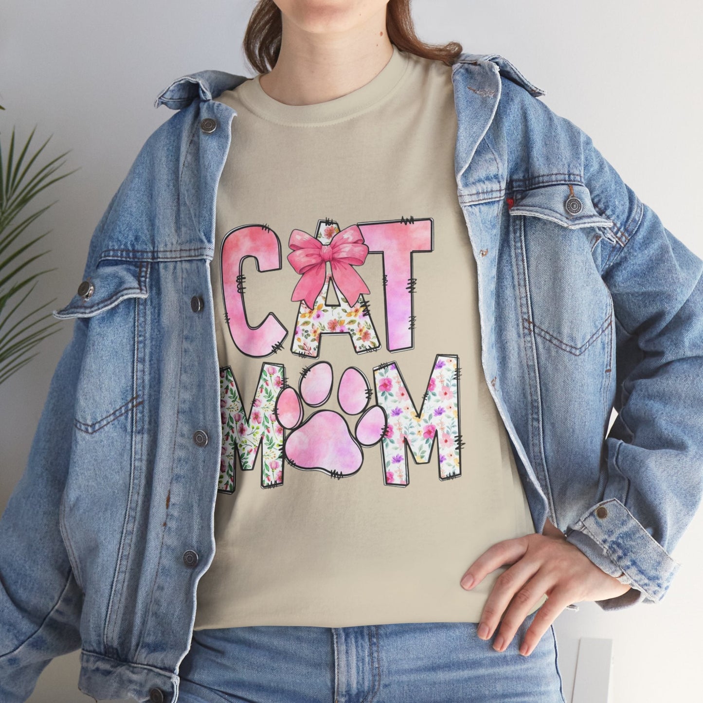 Cat Mom Unisex Heavy Cotton Tee - Floral Design for Pet Lovers