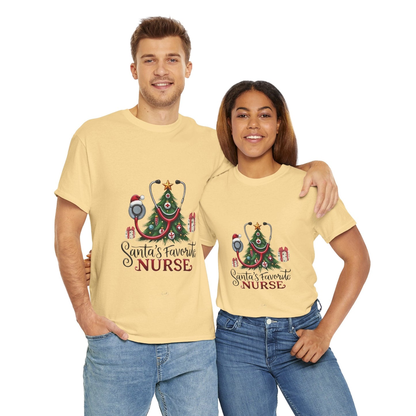 Santas Favorite Nurse Shirt, Christmas gift for nurses, festive unisex tee with Santa design.