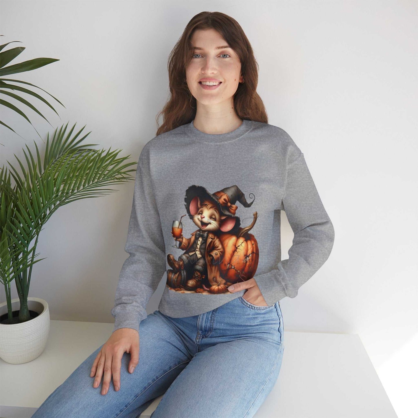 Funny Mouse Halloween Sweetshirt featuring cute mouse with pumpkin design, perfect for spooky season.