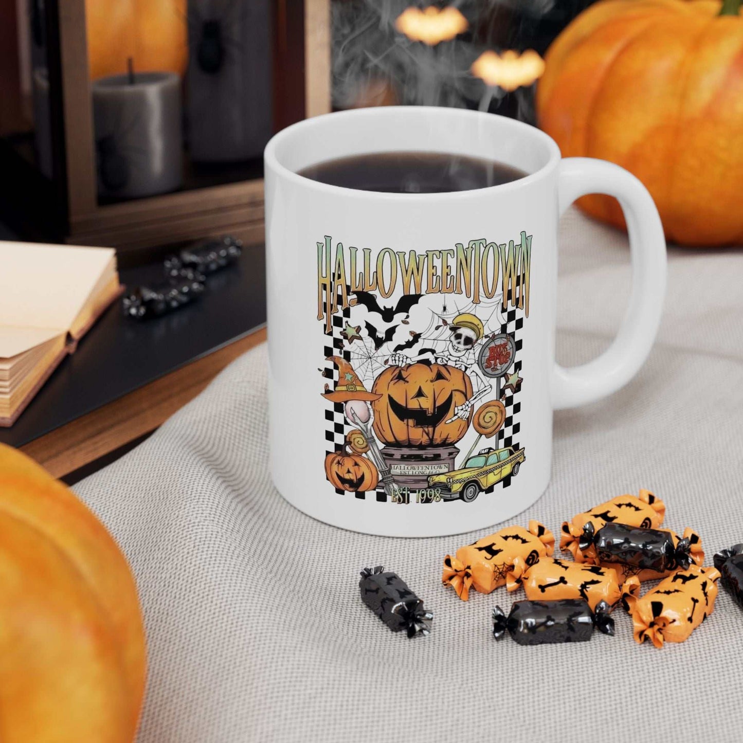 Retro Halloweentown ceramic mug featuring vibrant Halloween designs with pumpkins and ghosts, perfect for spooky season gifts.