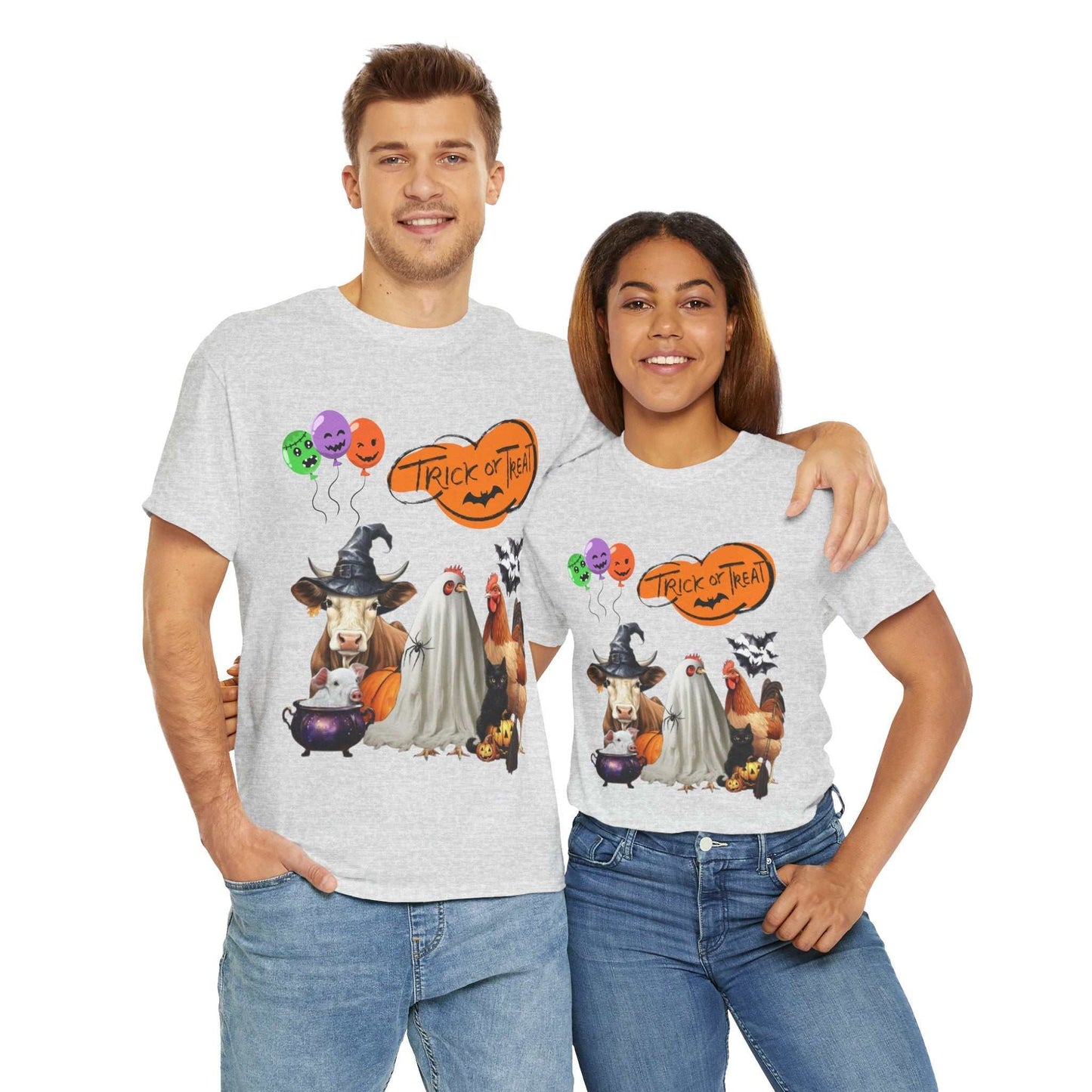 Trick or Treat Halloween Shirt featuring fun, festive design with animals, perfect spooky season gift.