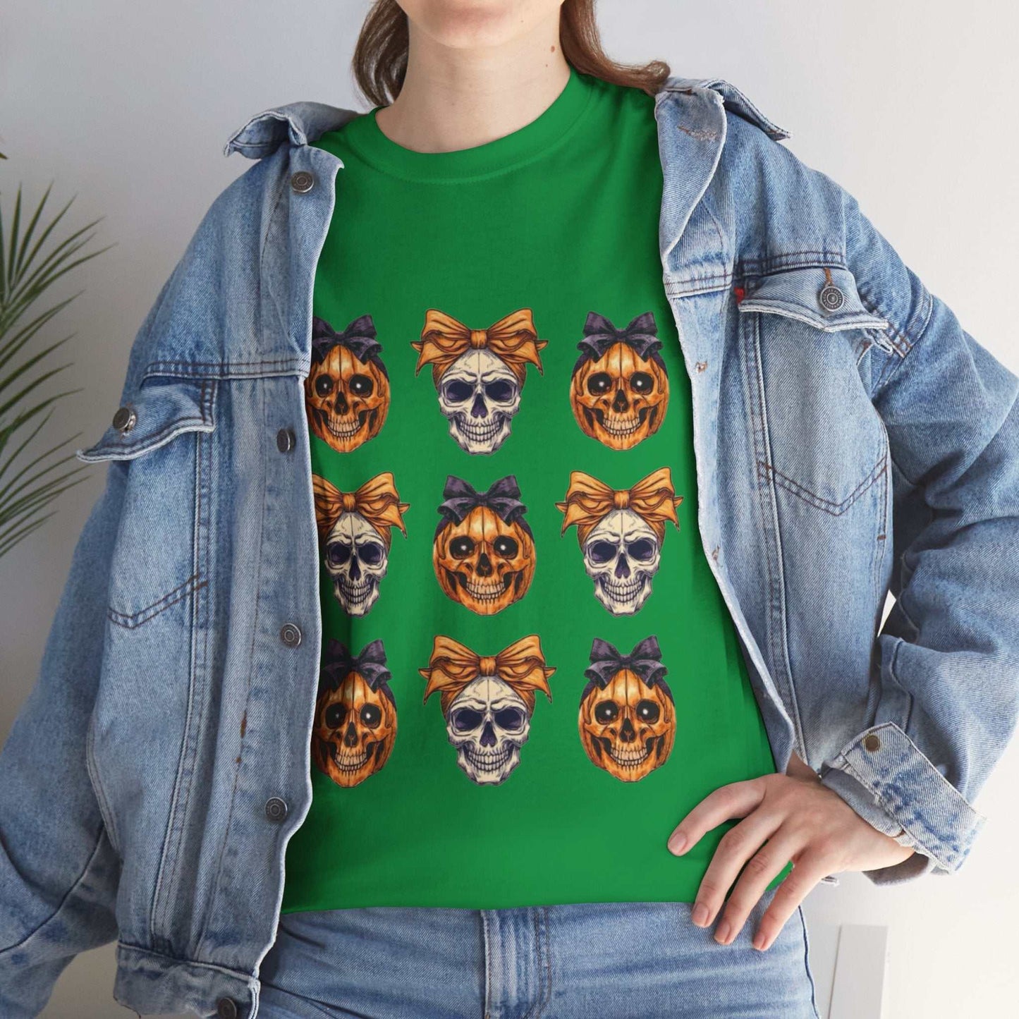 Unisex Halloween skull shirt with skeleton design, perfect for spooky season and retro fashion.