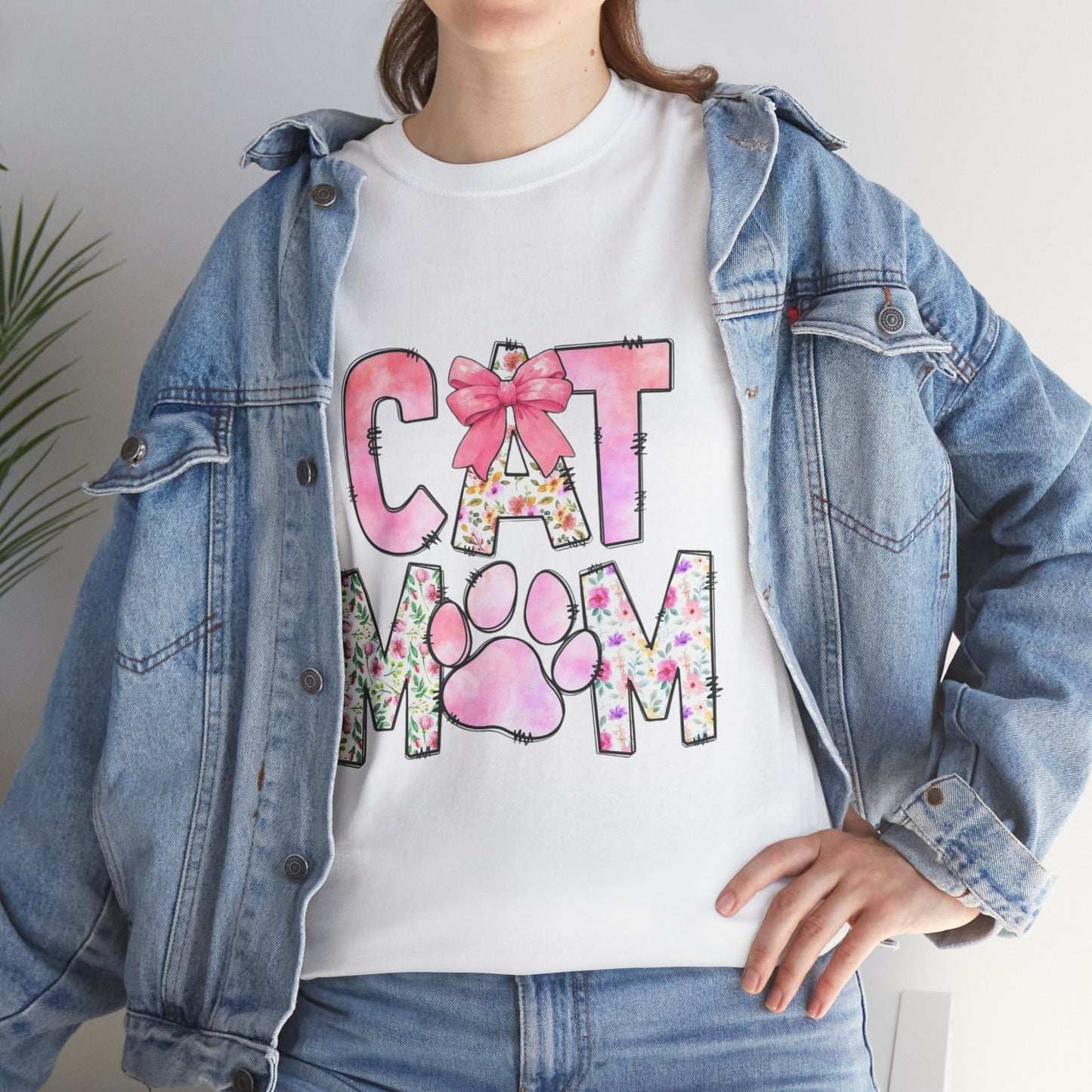 Cat Mom Unisex Heavy Cotton Tee - Floral Design for Pet Lovers