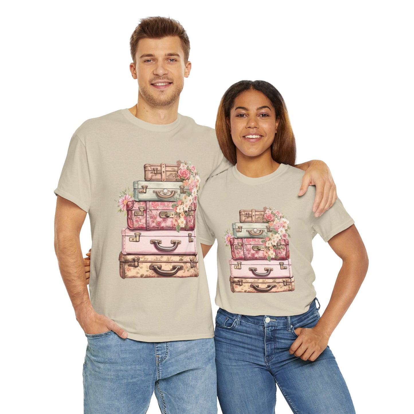 Vintage Floral Suitcase Tee - Unisex Heavy Cotton Tee