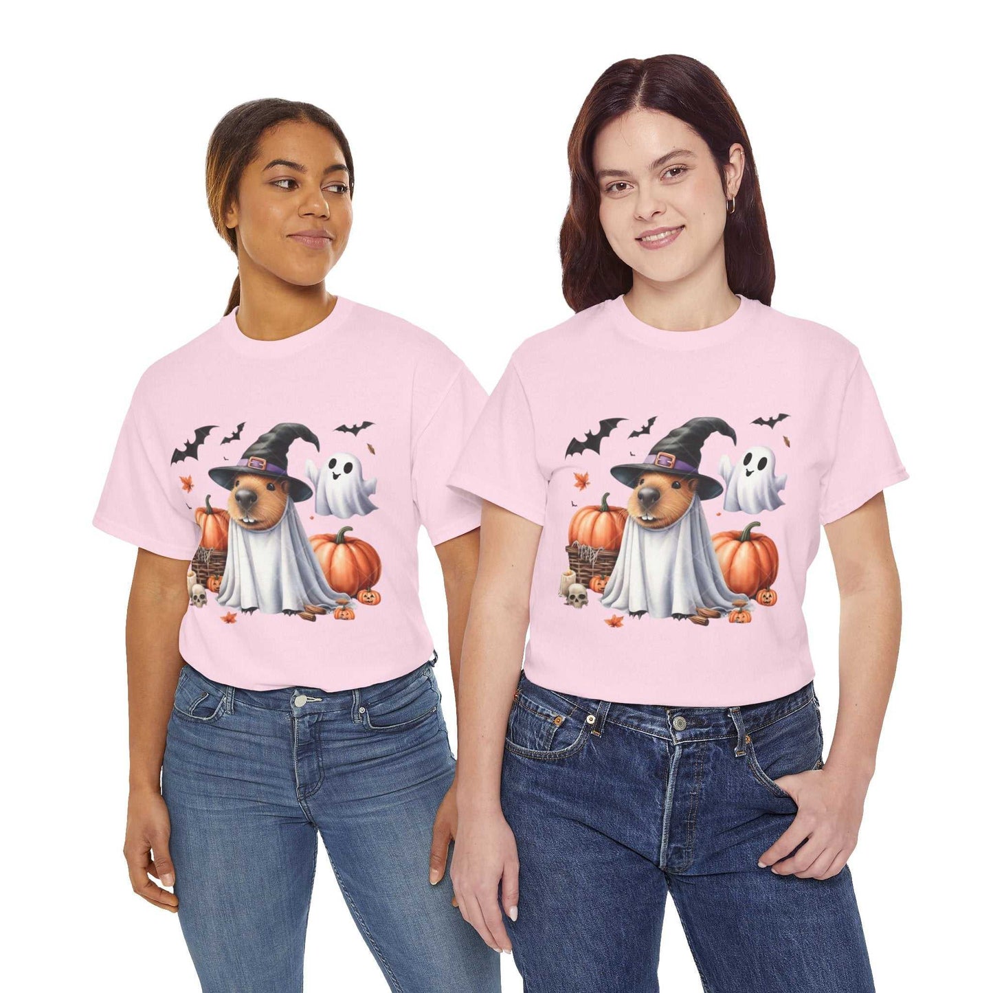 Halloween Capybara Shirt featuring spooky capybara with ghost, pumpkins, and bats on a heavy cotton tee.