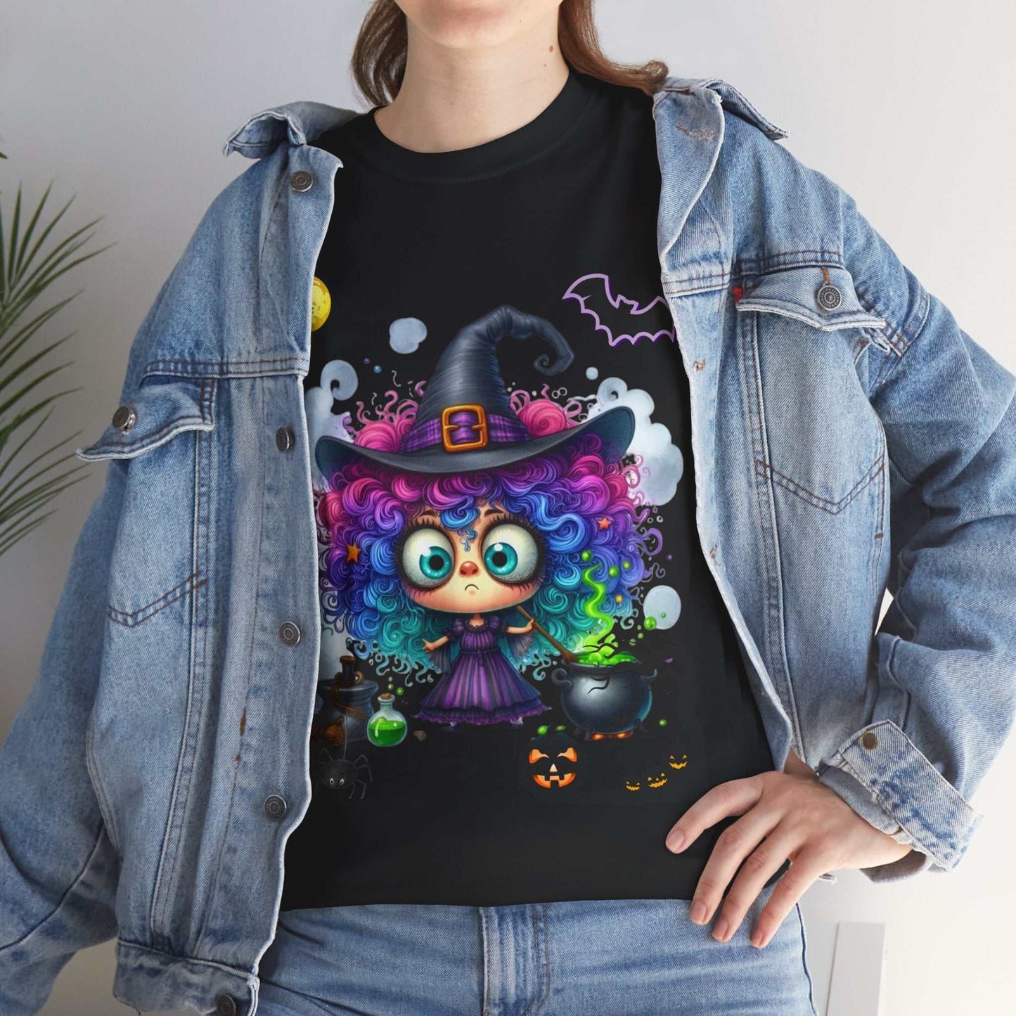 Halloween girl shirt with colorful ghost and witch design, kids spooky season tee.