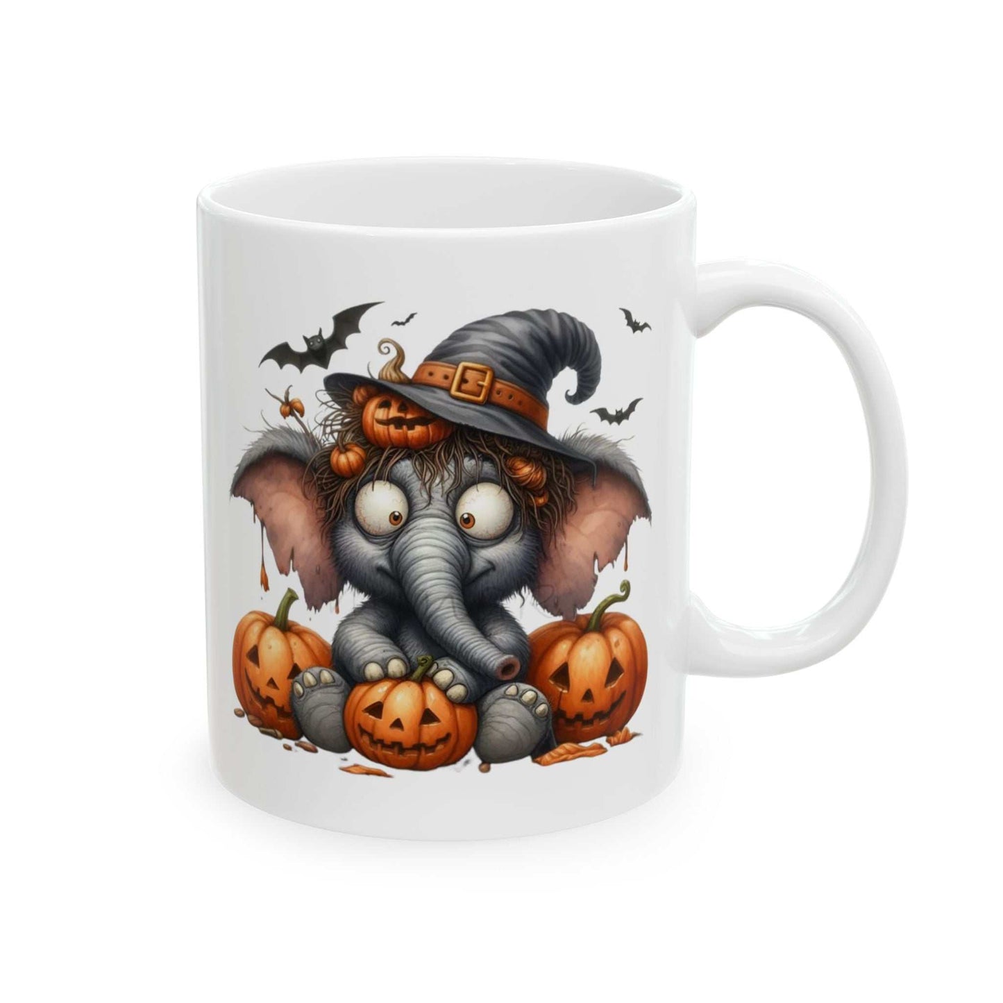Funny Elephant Halloween mug with witch hat, pumpkins, and bats design; perfect for spooky season.
