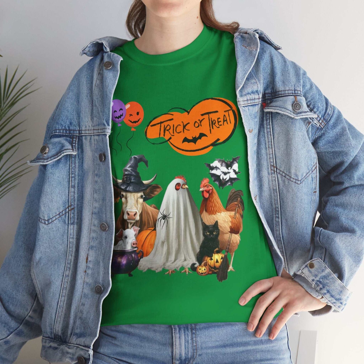 Trick or Treat Halloween Shirt with festive farm animal design, perfect spooky season gift.