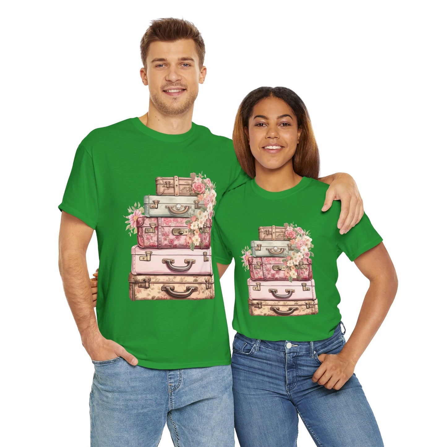 Vintage Floral Suitcase Tee - Unisex Heavy Cotton Tee