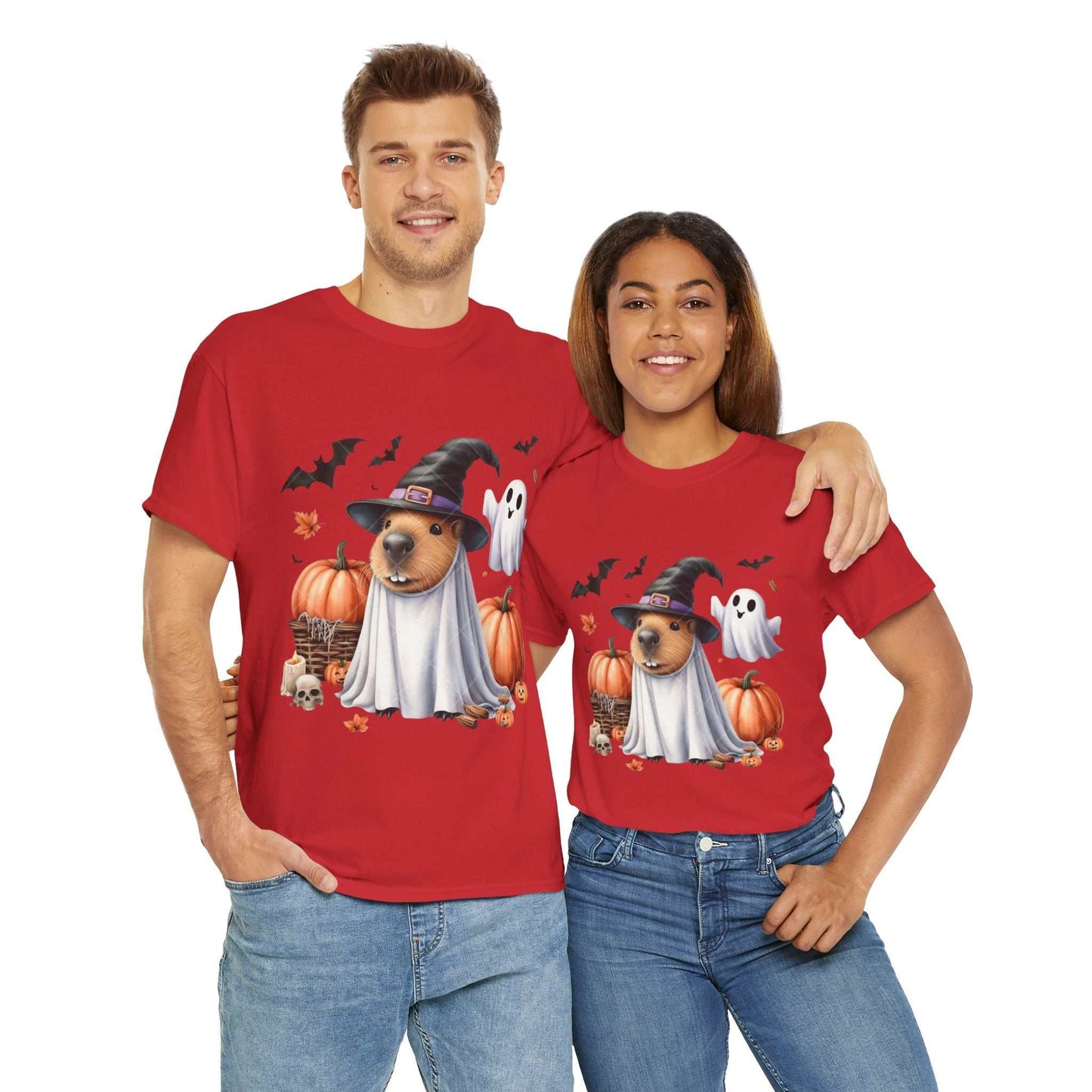 Halloween Capybara Shirt featuring spooky capybaras with pumpkins and ghosts, perfect for a fun Halloween costume.