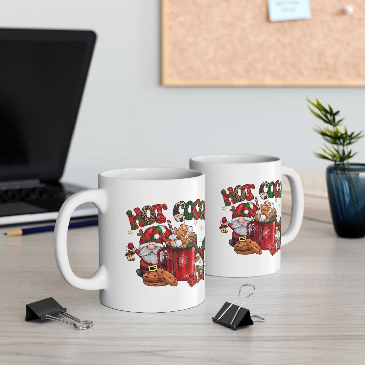 Hot Cocoa Christmas Movies Mugs with Gnome design on desk, perfect Christmas gift.
