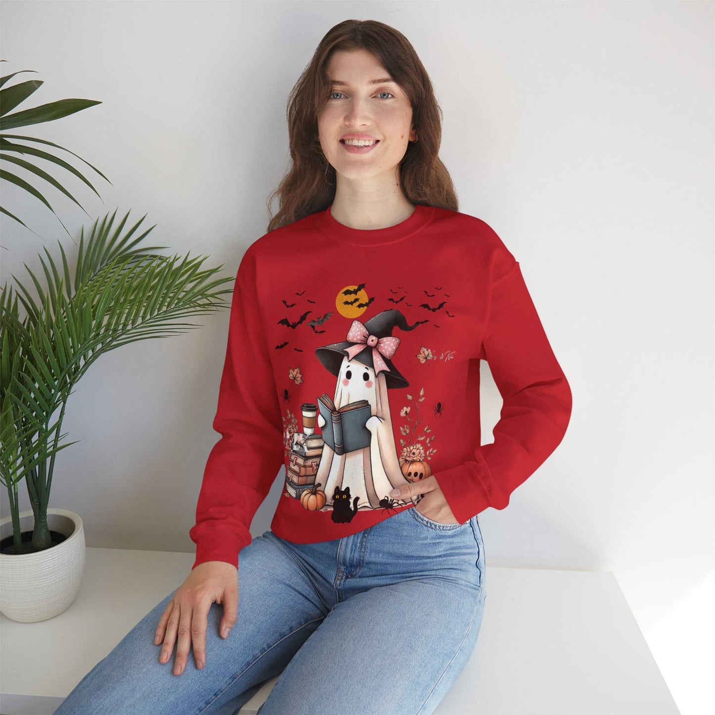 Ghost Book Sweatshirt, Ghost Reading Halloween Shirt with Coffee, Gift for Halloween Lovers
