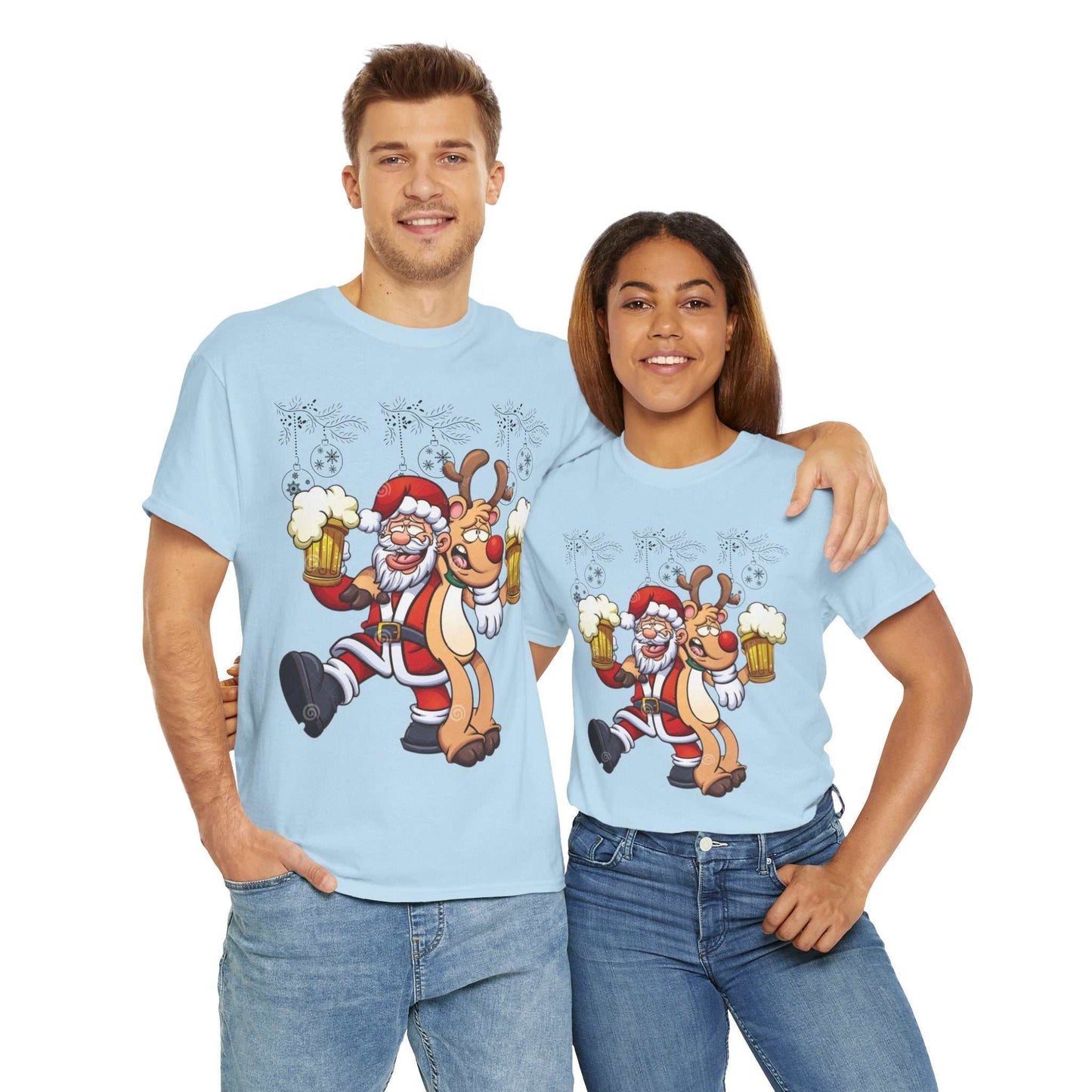 Funny Beer Santa Christmas Shirt with Rudolf; festive holiday gift idea for beer lovers.