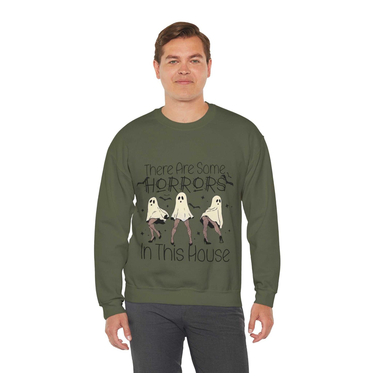 Unisex Funny Halloween Sweatshirt with ghost design and "There's Some Horrors in This House" text.