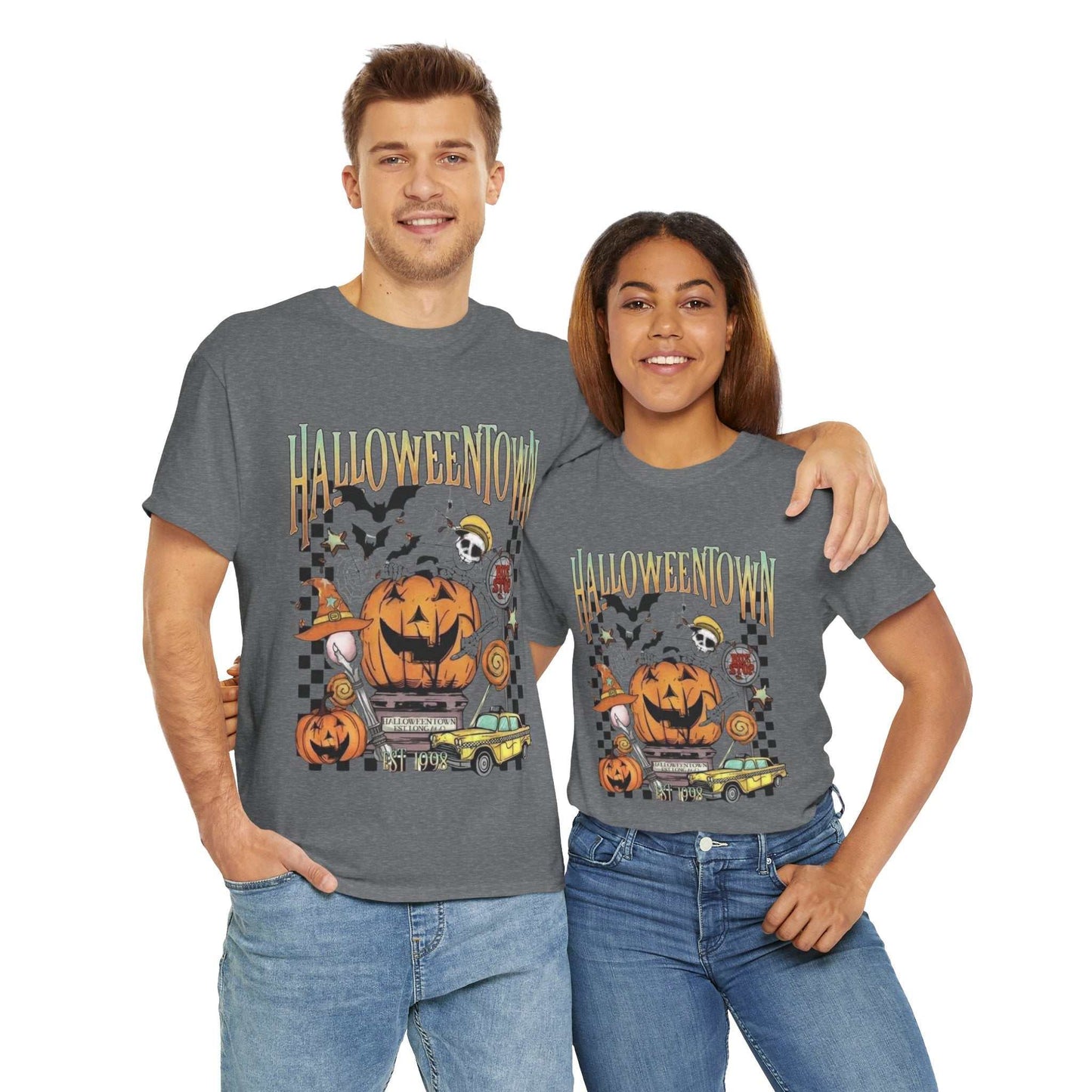 Retro Halloweentown Shirt featuring a spooky design with pumpkins and a whimsical town scene, perfect for the Halloween season.