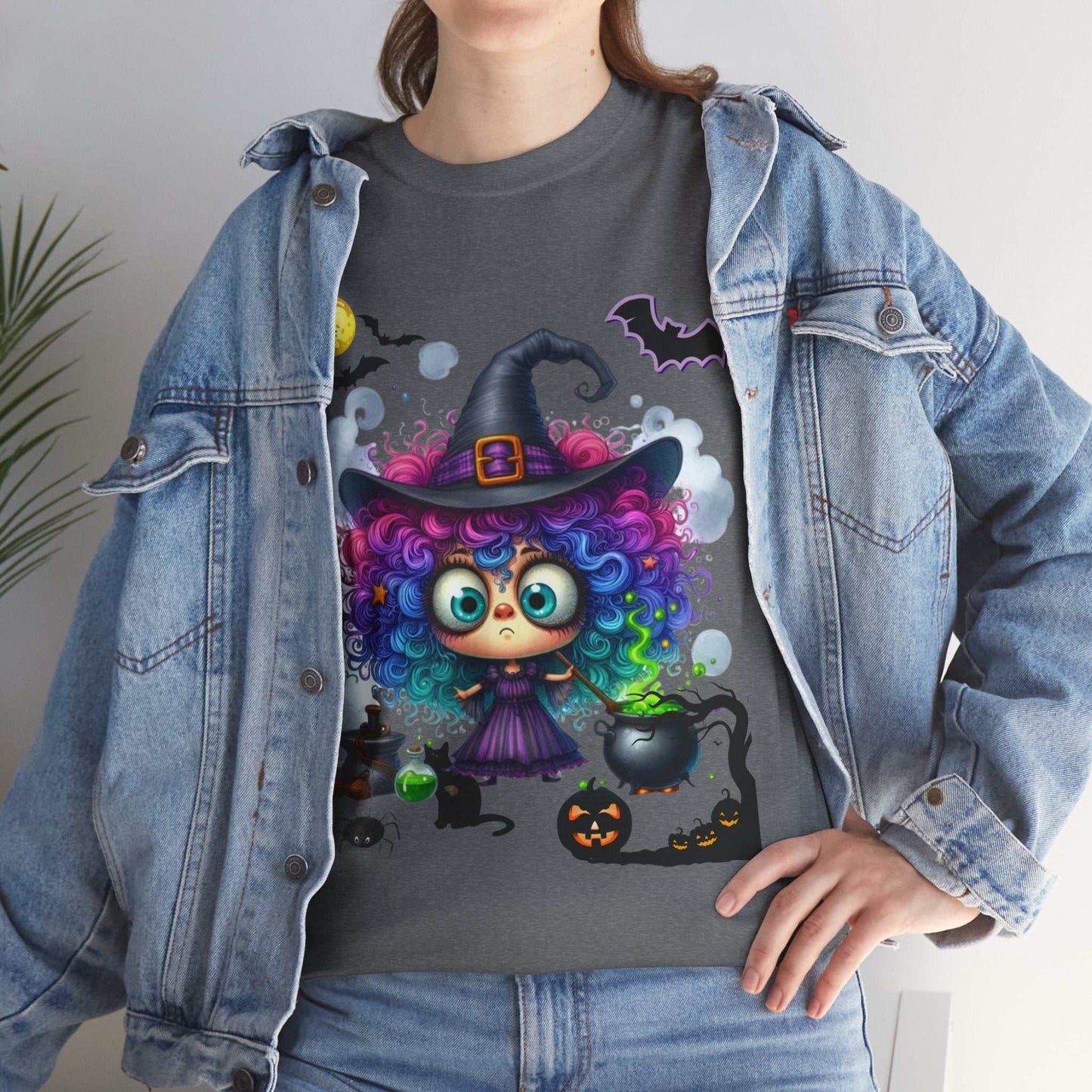 Cute Halloween girl ghost shirt featuring colorful cartoon witch, ideal for spooky season outfits.