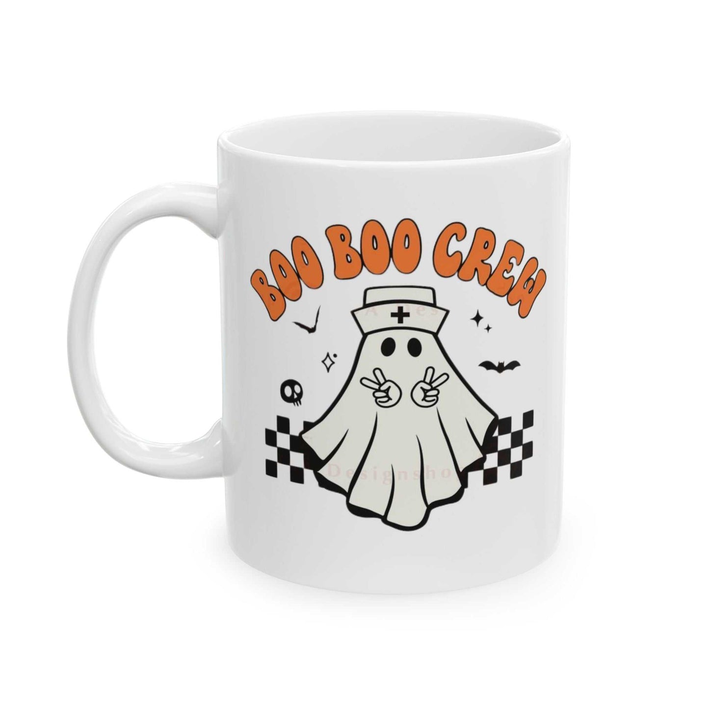 Ceramic coffee mug with "Boo Nurse Crew Halloween" design featuring a cute ghost nurse, ideal for Halloween gifts.