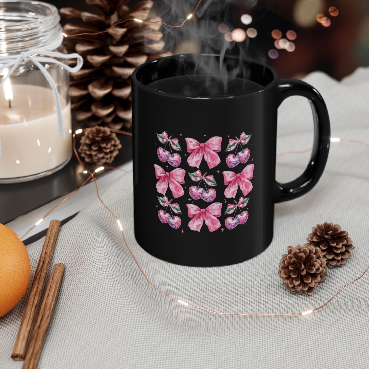 Elegant pink Disco Cherry Coquette Mugs – the perfect coquette-style Valentine’s gift for coffee lovers.