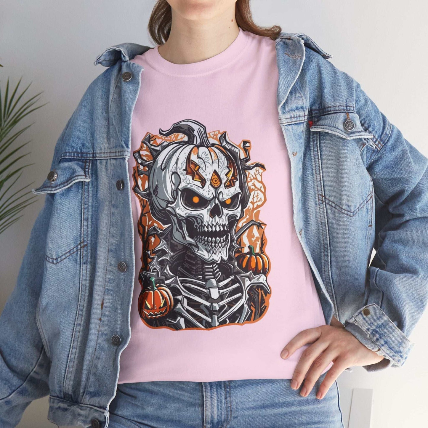 Halloween Skeleton Shirt featuring skull and pumpkins, perfect for casual fashion.