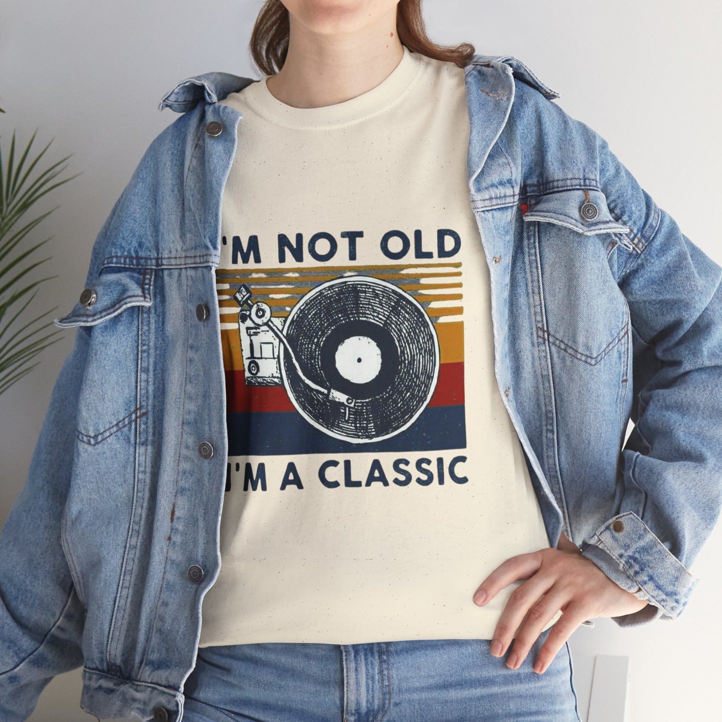 Retro Vinyl Record Unisex Heavy Cotton Tee with "I'm Not Old, I'm A Classic" message, perfect for music lovers.