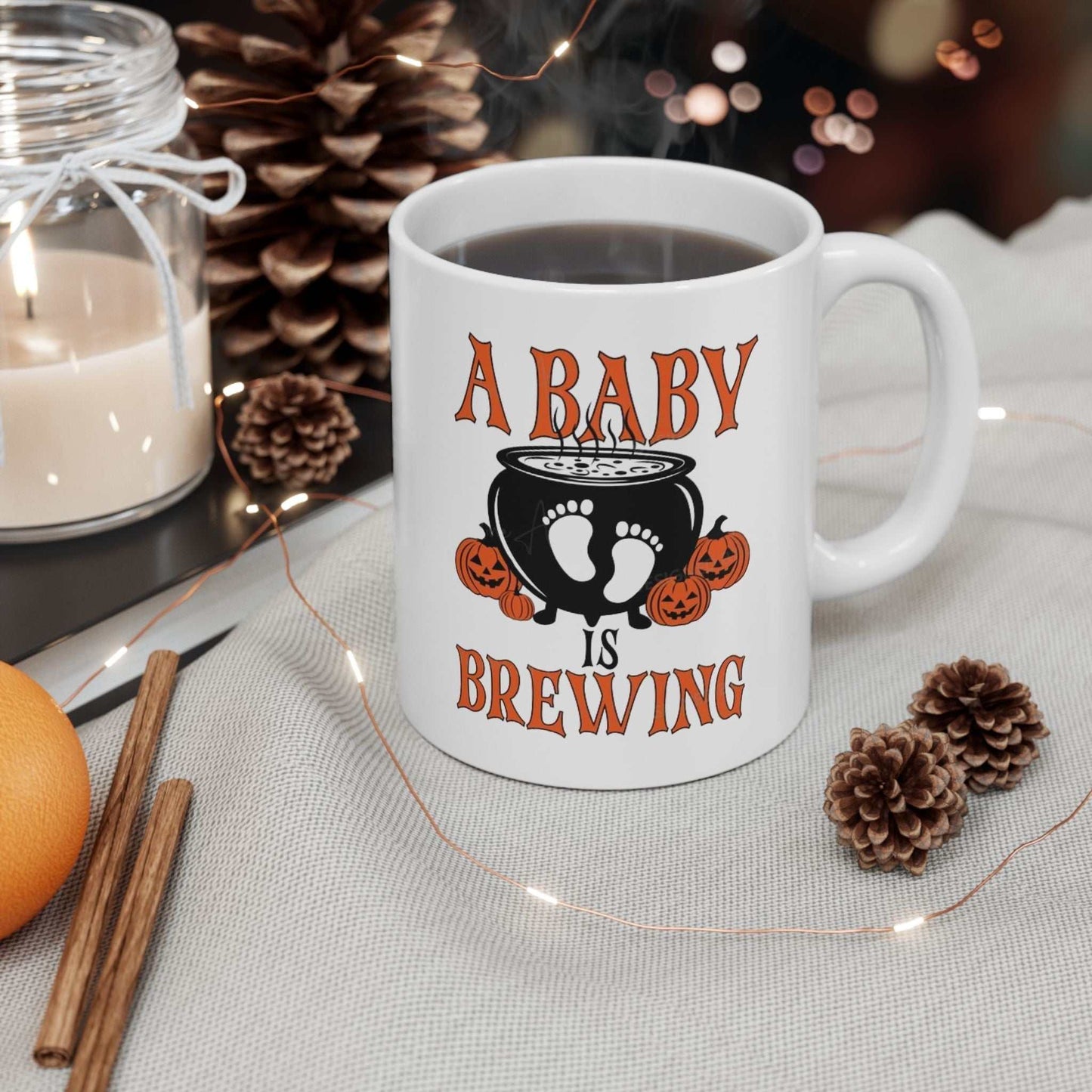 A Baby is Brewing Mugs with cute design, perfect as a couple pregnancy gift or baby shower surprise for expecting parents.