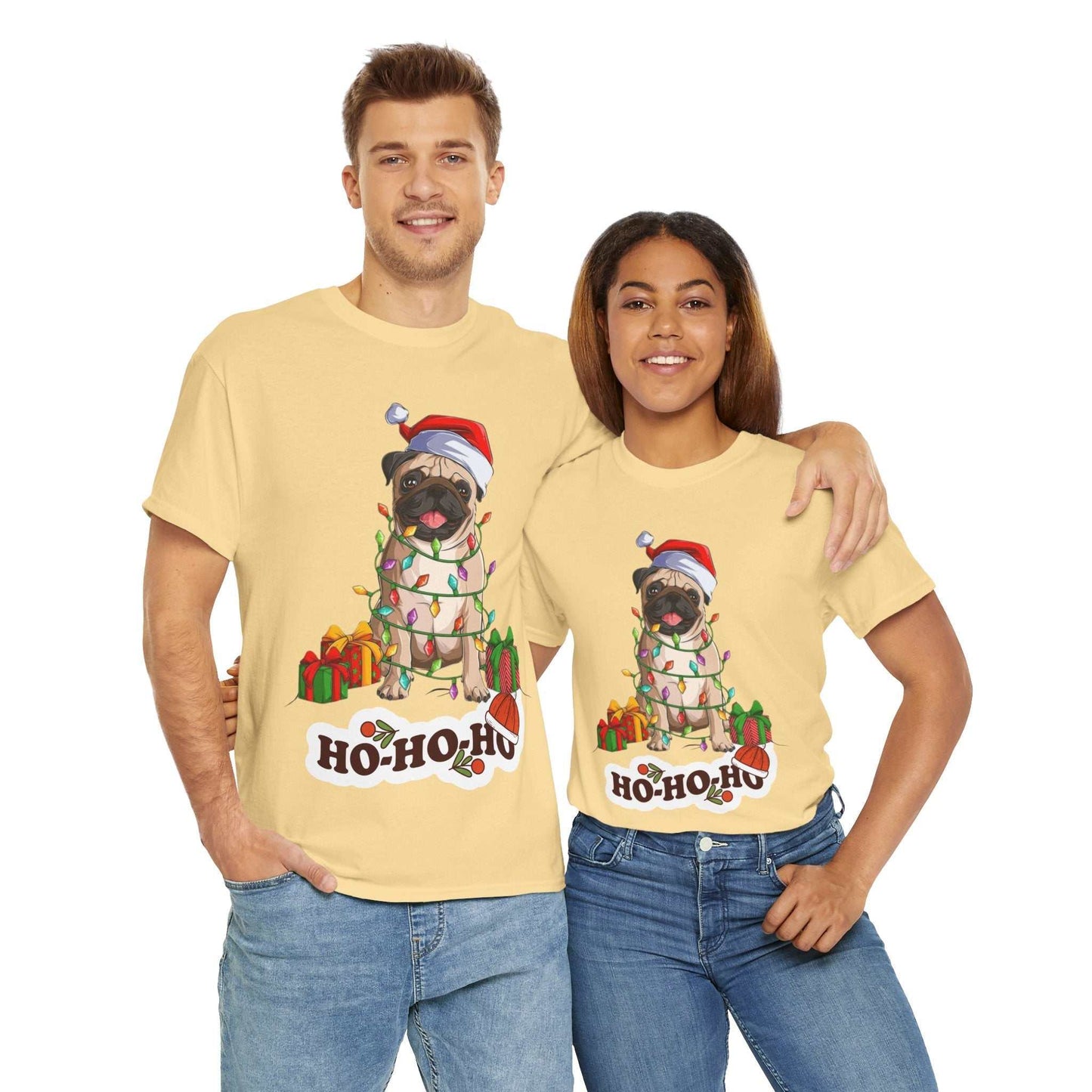 Cute Christmas dog shirt for dog lovers with festive design, featuring a pug wrapped in holiday lights and wearing a Santa hat.
