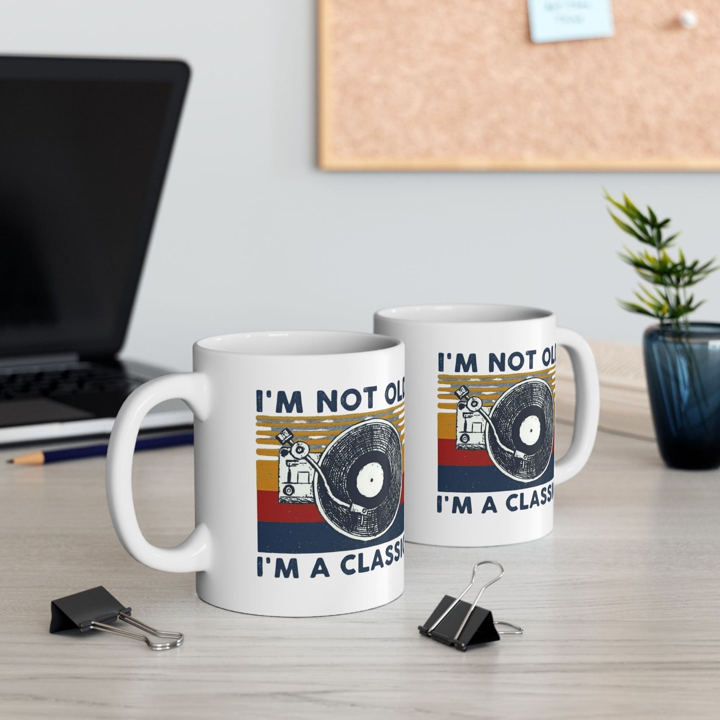 Vintage-Inspired Ceramic Mug with 'I'm Not Old, I'm A Classic' design, available in 11oz and 15oz sizes.