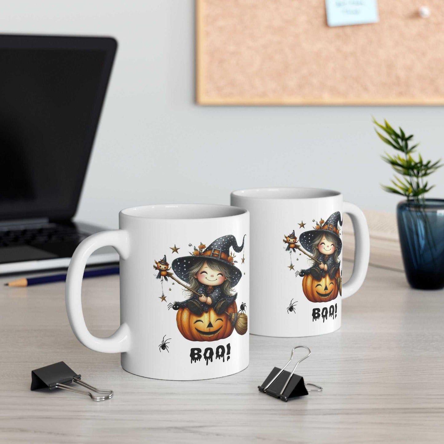Halloween girl ghost mugs featuring a cute witch and pumpkin design, perfect for spooky season.