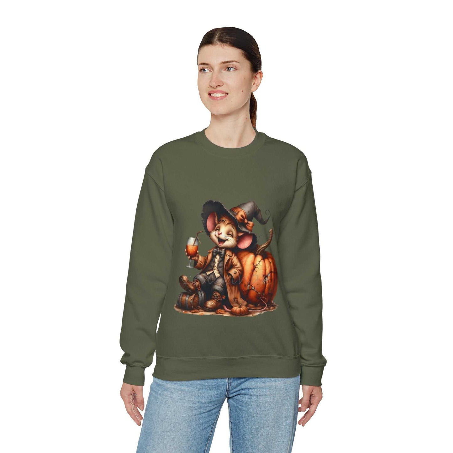 Funny Mouse Halloween Sweetshirt featuring cute mouse and pumpkin design, ideal for spooky season.