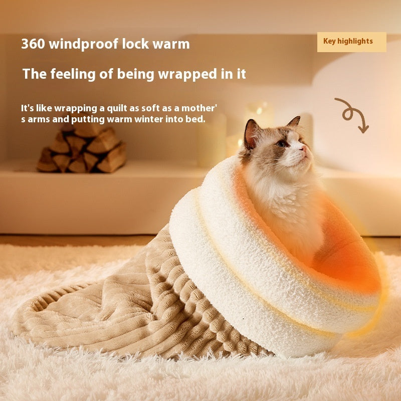 Pet Sleeping Bag Winter Warm Soft Plush Semi-Enclosed Cat Nest