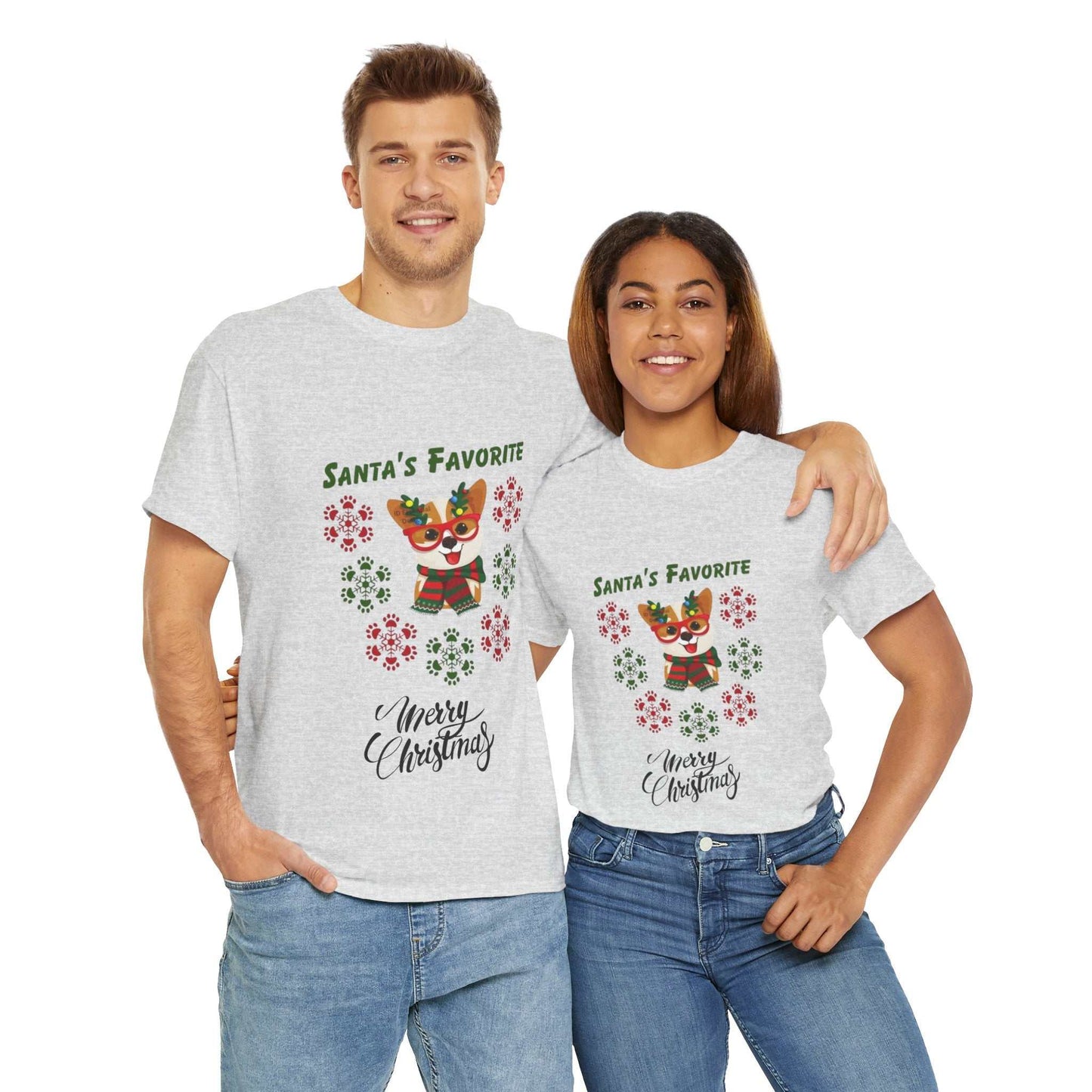 Christmas-themed "Santa's Favorite Dog" shirt, perfect dog gift, unisex cotton tee with festive design.