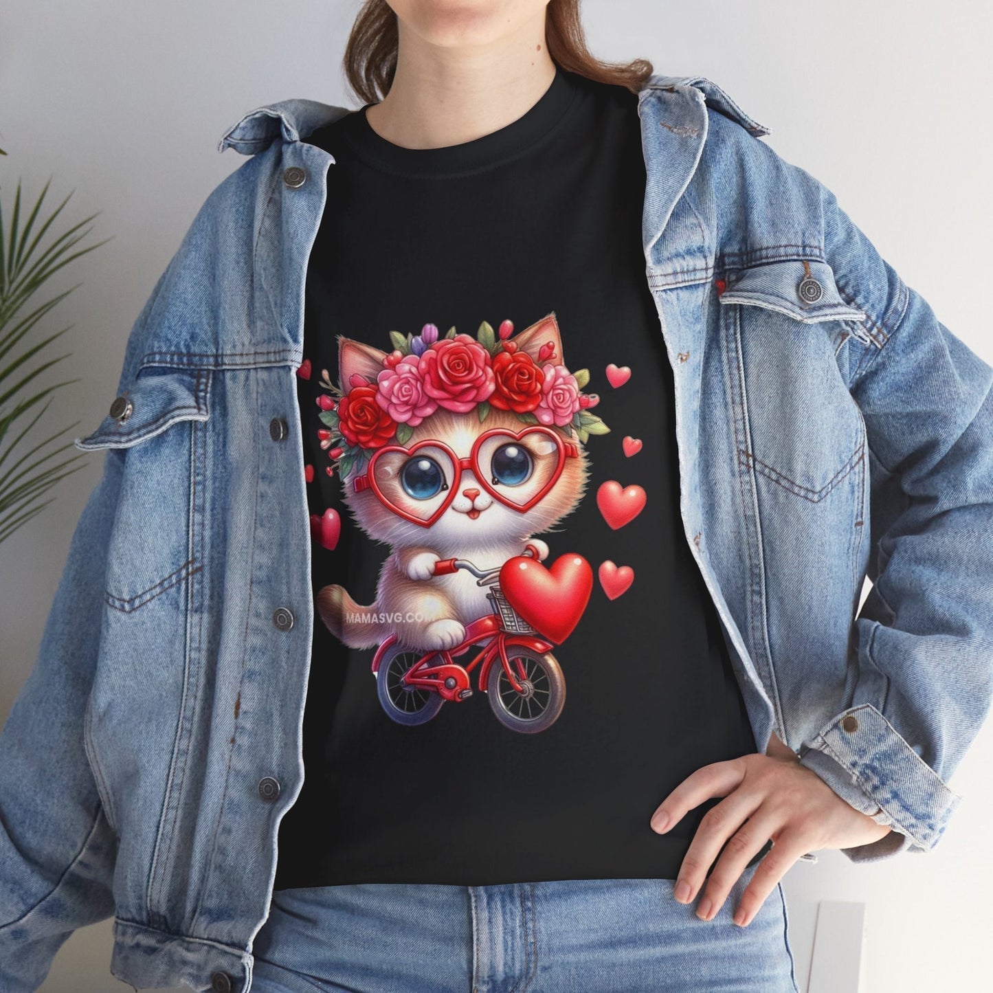 Biker Cat Cycling Hearts T-Shirt - Valentines Cat Lover Gift