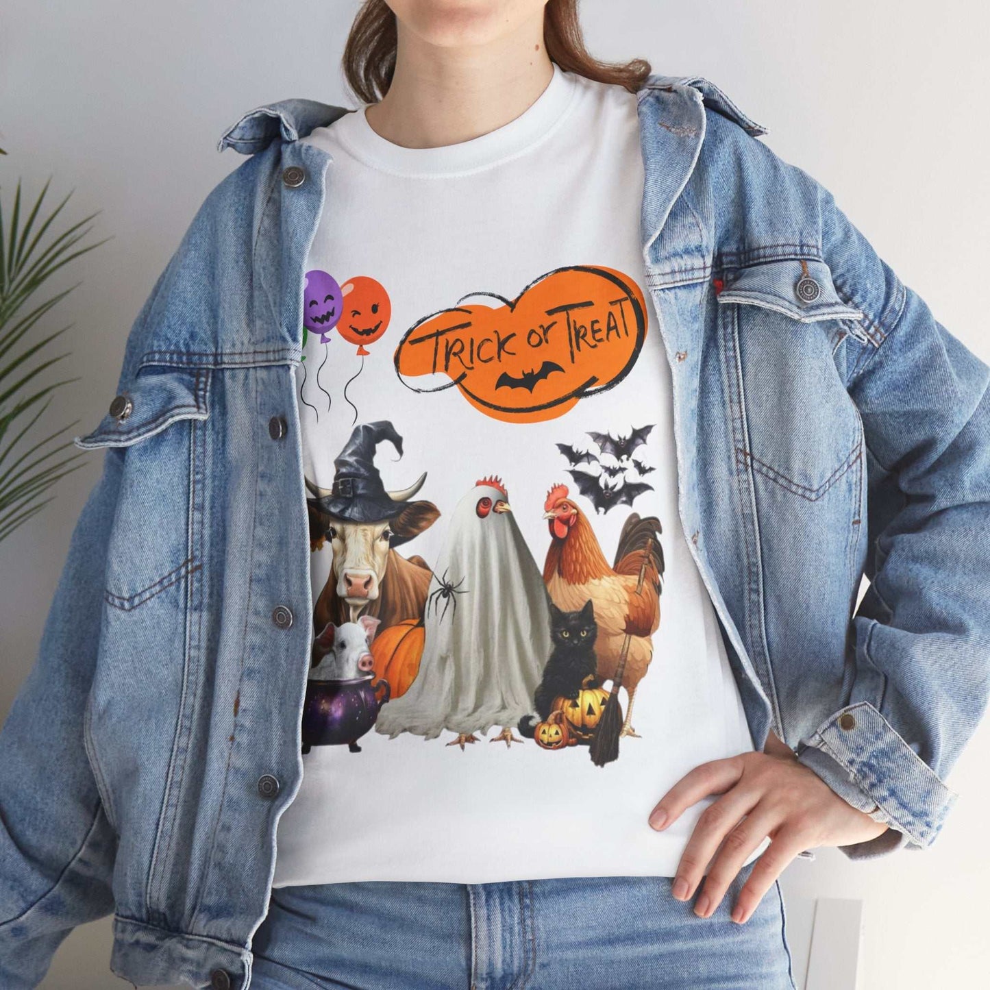 Trick or Treat Halloween Shirt with fun festive design featuring animals in costumes.