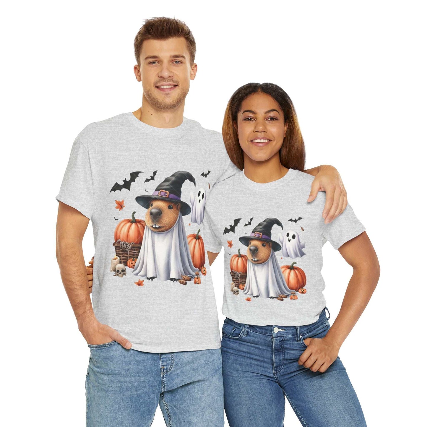 Halloween Capybara Shirt featuring a spooky capybara with pumpkins and ghosts, perfect for Halloween celebrations.