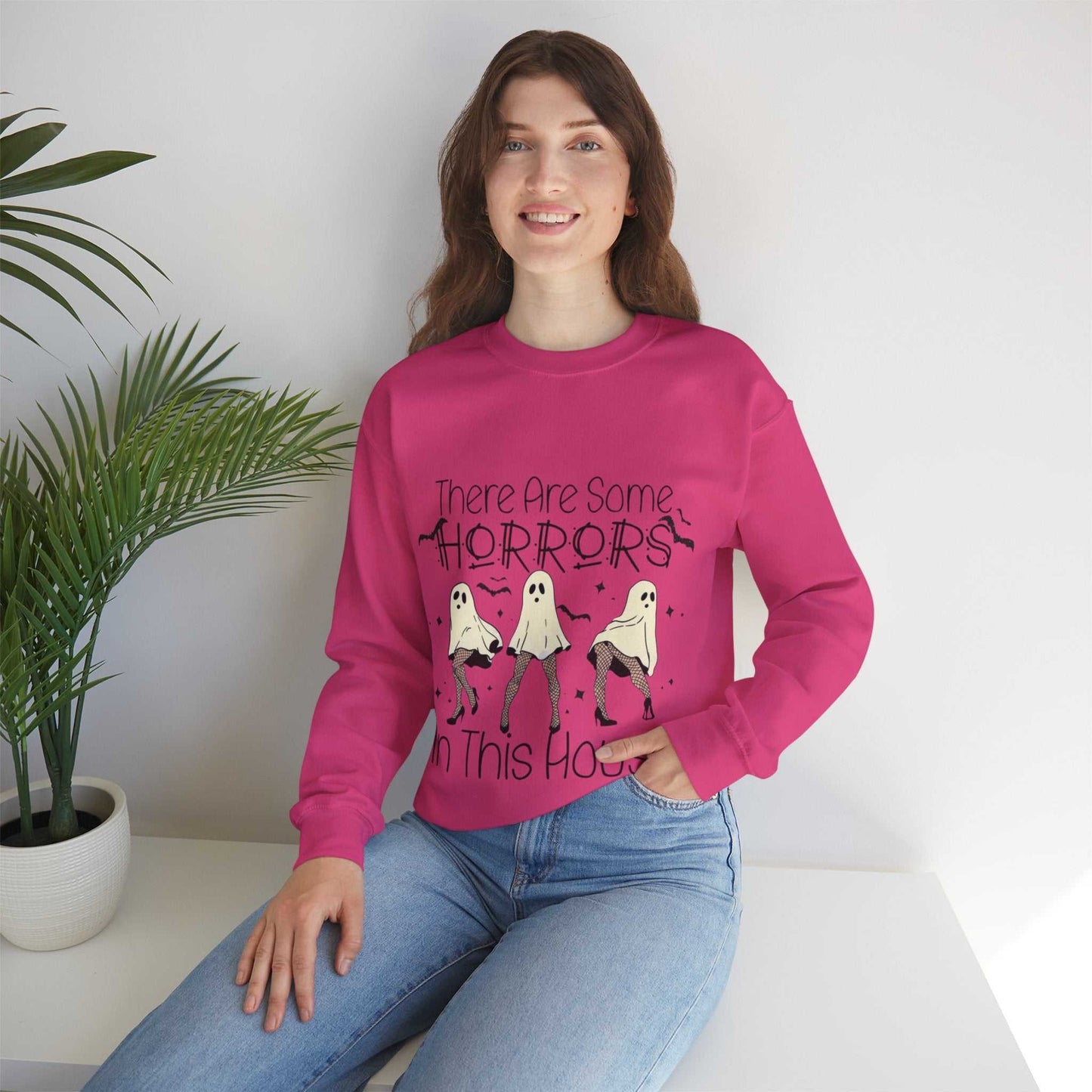 Unisex Funny Halloween Sweatshirt with Ghost Design and "There's Some Horrors in This House" Text