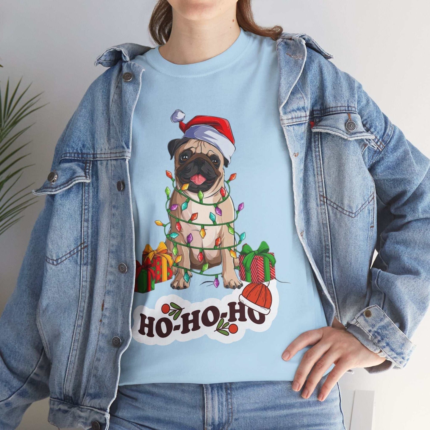 Cute Christmas dog shirt with festive pug design and holiday lights, perfect gift for dog lovers.