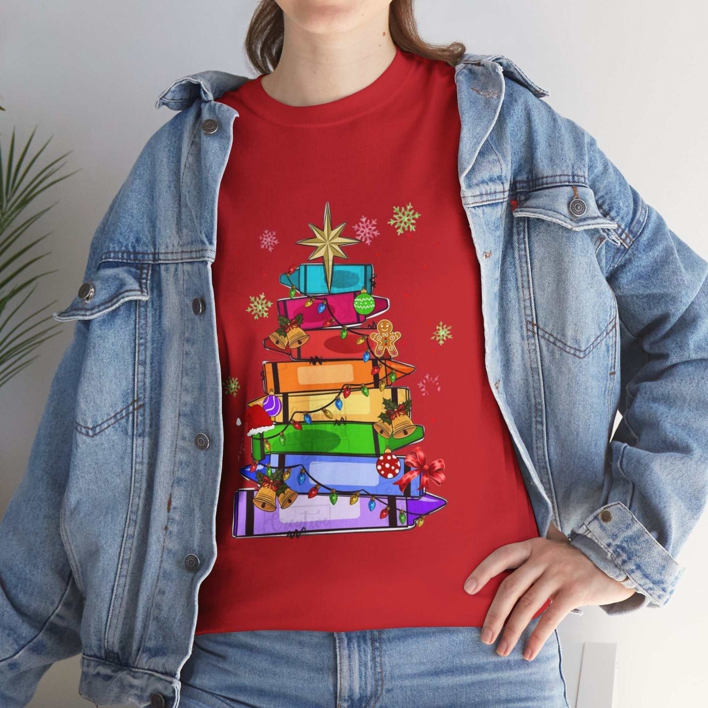 Crayons Christmas Tree T-Shirt for teachers with colorful crayon tree design, holiday gift.
