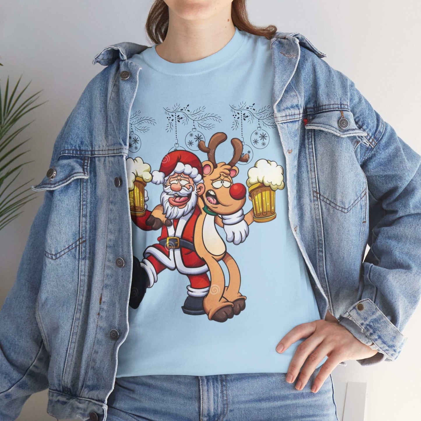 Funny Beer Santa Christmas shirt featuring Santa Claus and Rudolf with beer mugs, holiday gift attire.