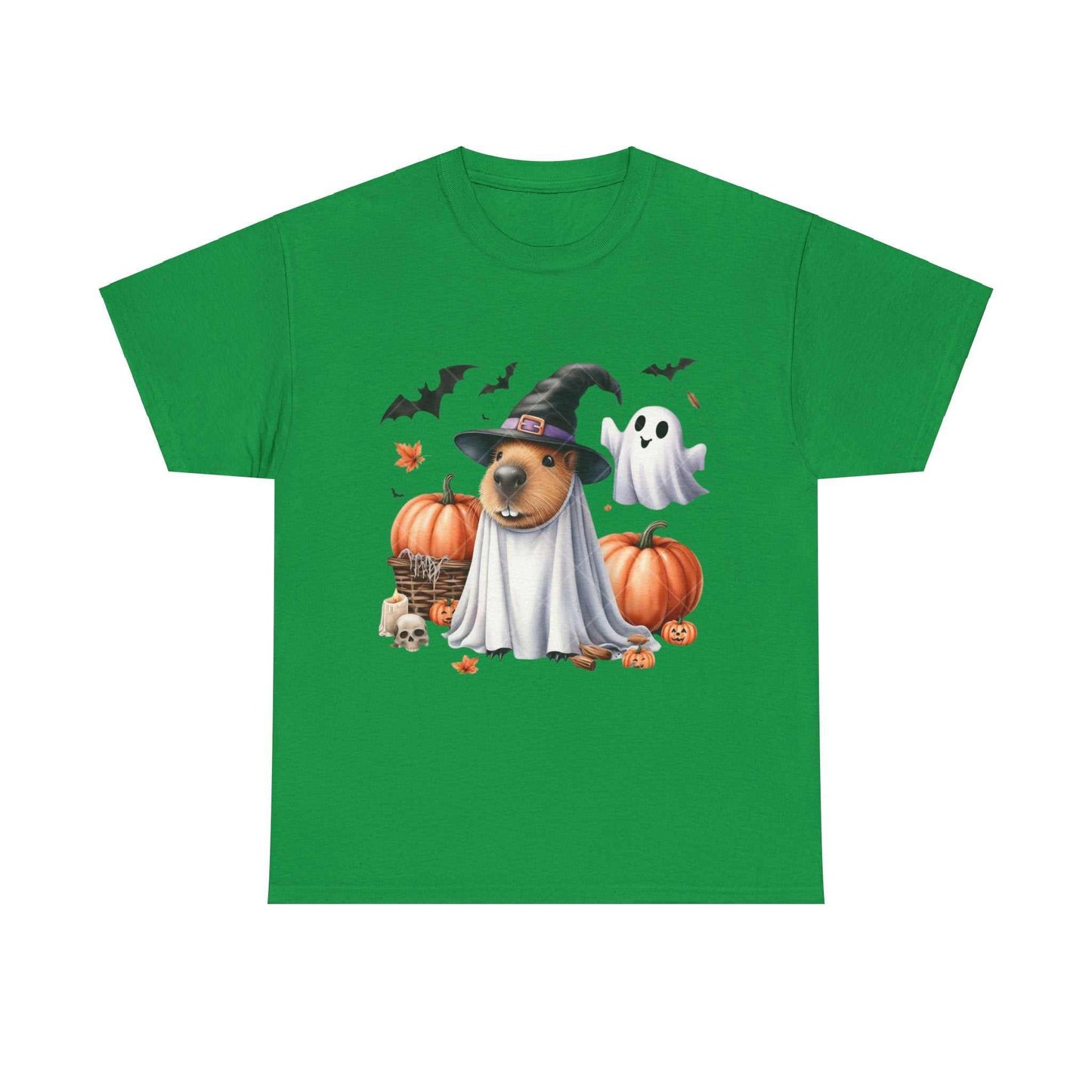 Halloween Capybara Shirt featuring a capybara in spooky Halloween attire with pumpkins and bats.