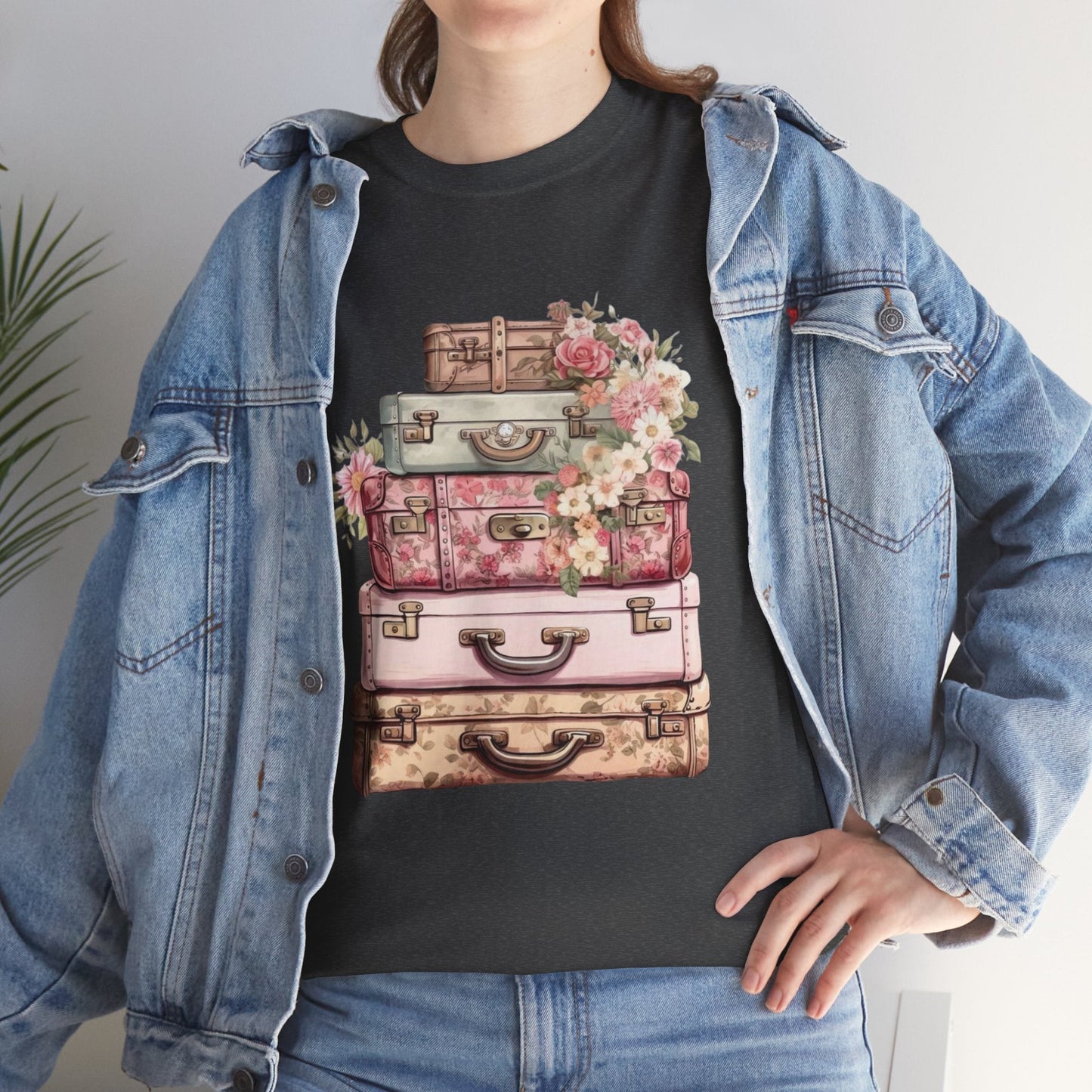 Vintage Floral Suitcase Tee - Unisex Heavy Cotton Tee