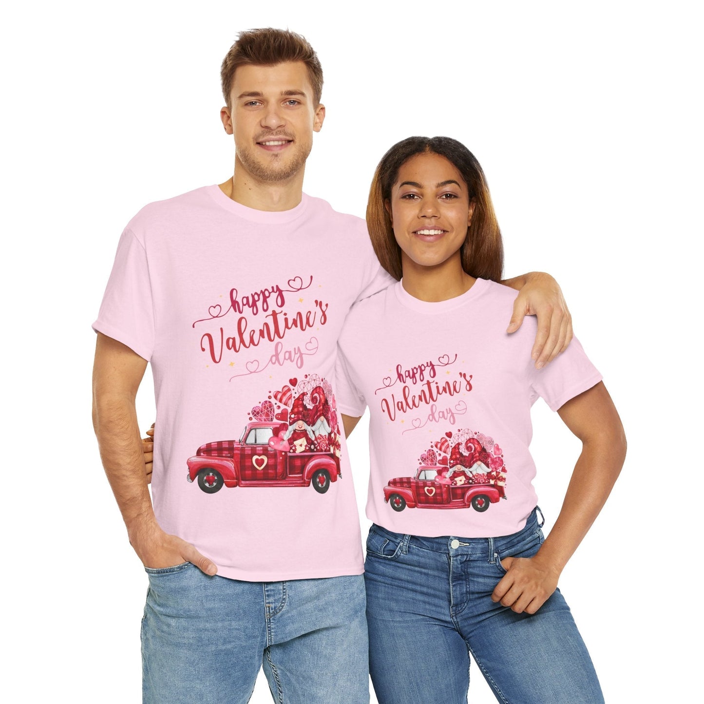 Valentines Day Truck Hearts T-Shirt with cute vintage truck and hearts design worn by a couple.