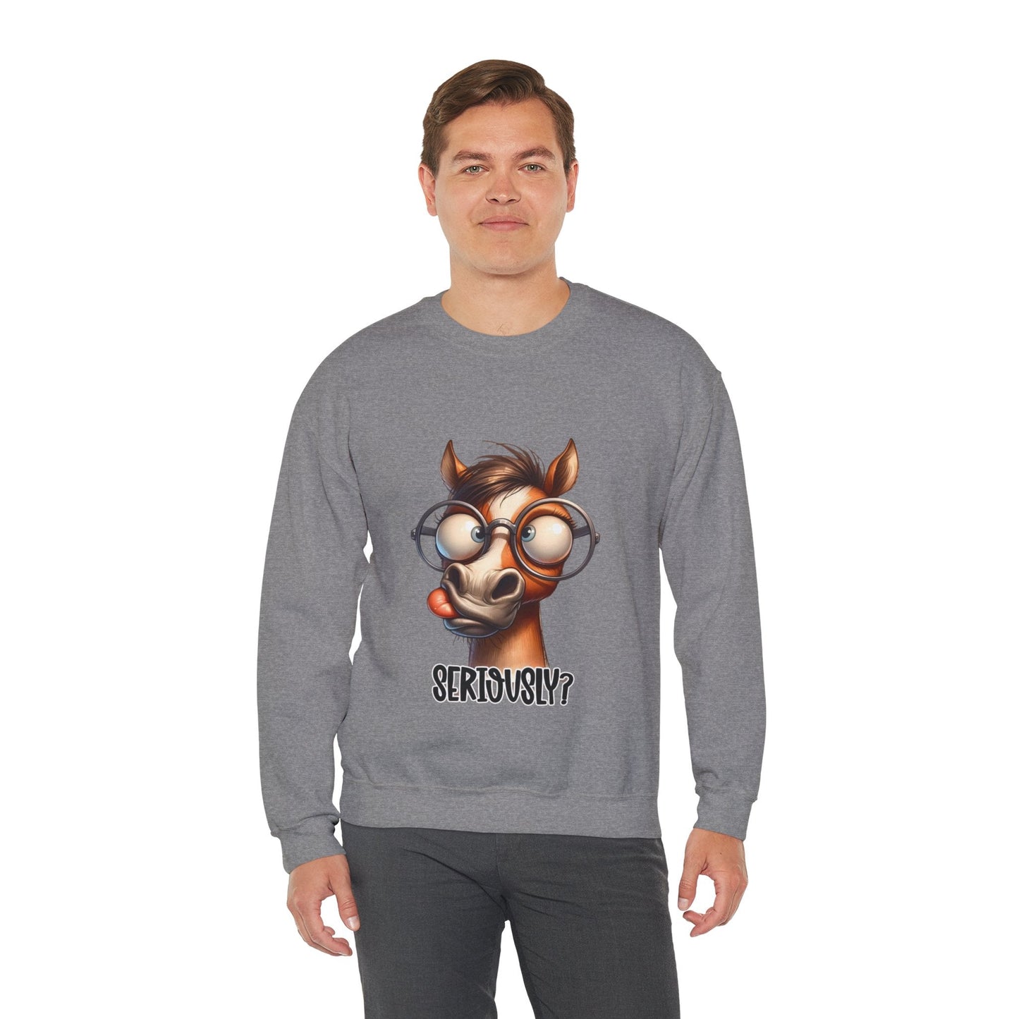 Funny Horse Graphic Crewneck Sweatshirt - 'Seriously?' Unisex Sweatshirt